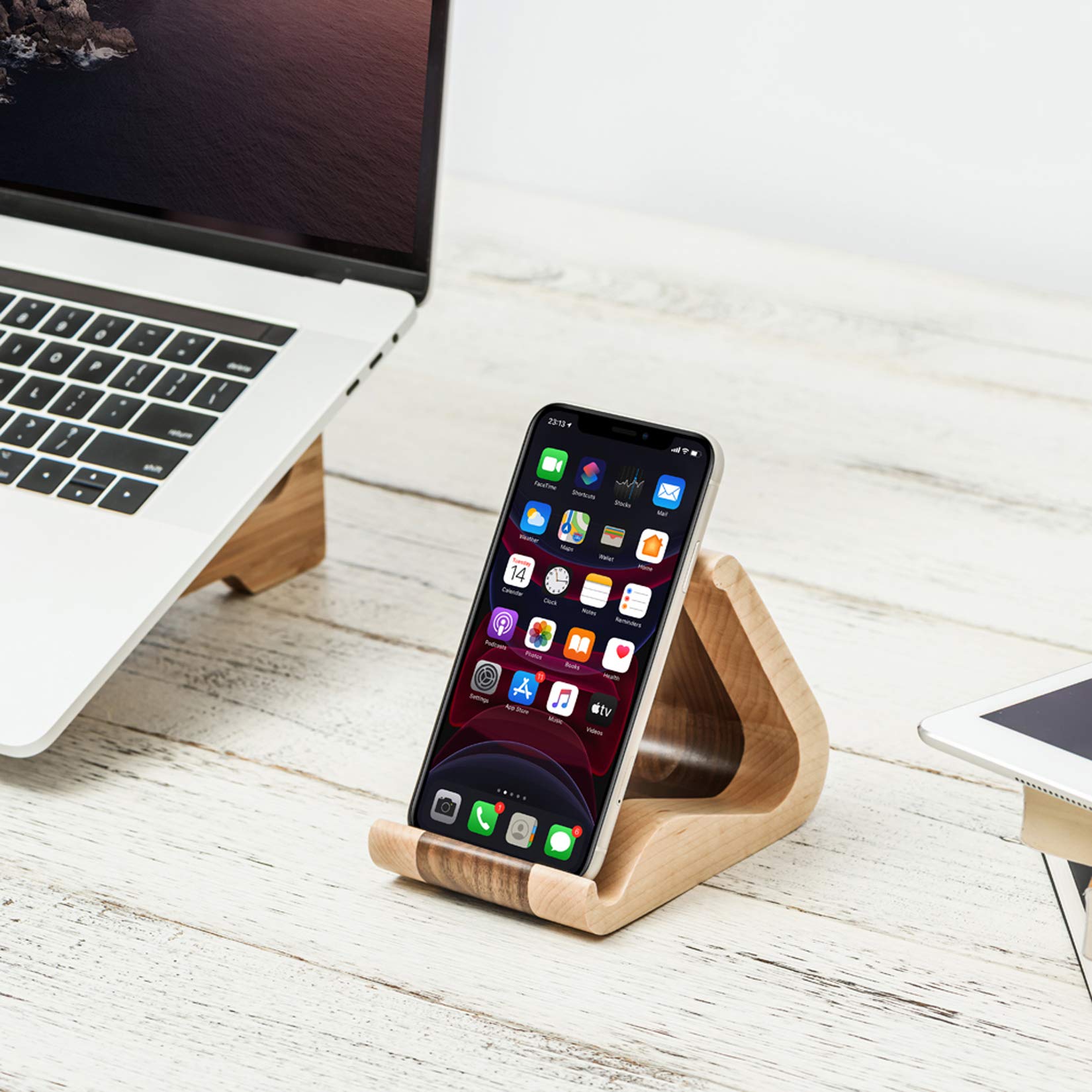 Premium Wooden Tablet Stand - Universal iPad Holder Tripod Compatible with 6-13 Inch iPad Pro/Air/Mini, Samsung Galaxy Tab & Kindle Fire - Sturdy Desk Stand for Reading, Watching & Video Calls