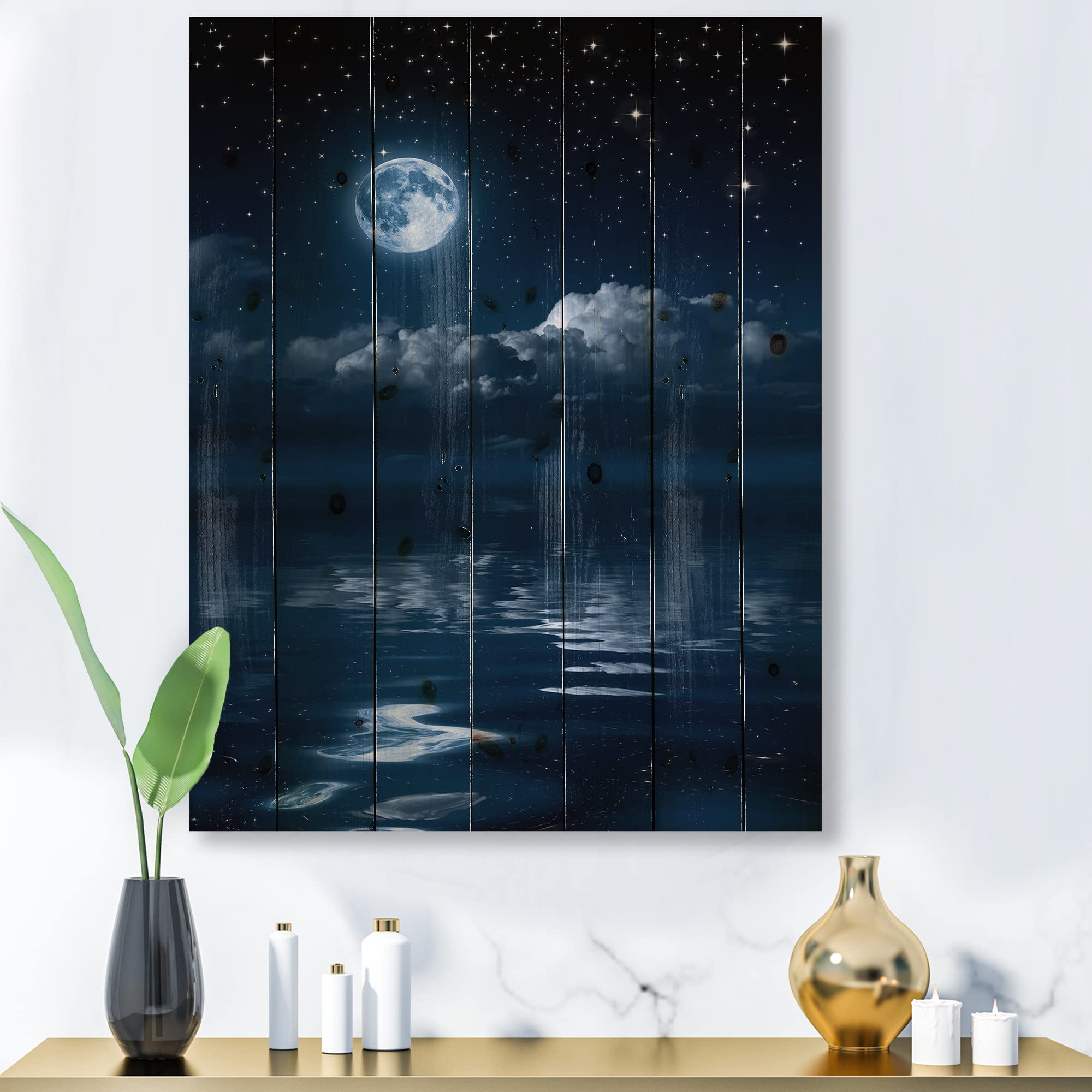 Full Moon Coastal Wood Wall Art - Blue Landscape Panel for Home Decor