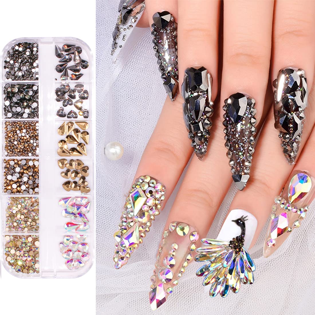 2520pcs Flat Back Mineral Gold Crystal AB Rainbow Pink Rhinestones for Nails - Multi Shapes & Sizes Nail Art Gems for DIY Manicure, Jewelry Making, and Crafting - Perfect for Nail Salon, Home Decoration, and Gift Giving