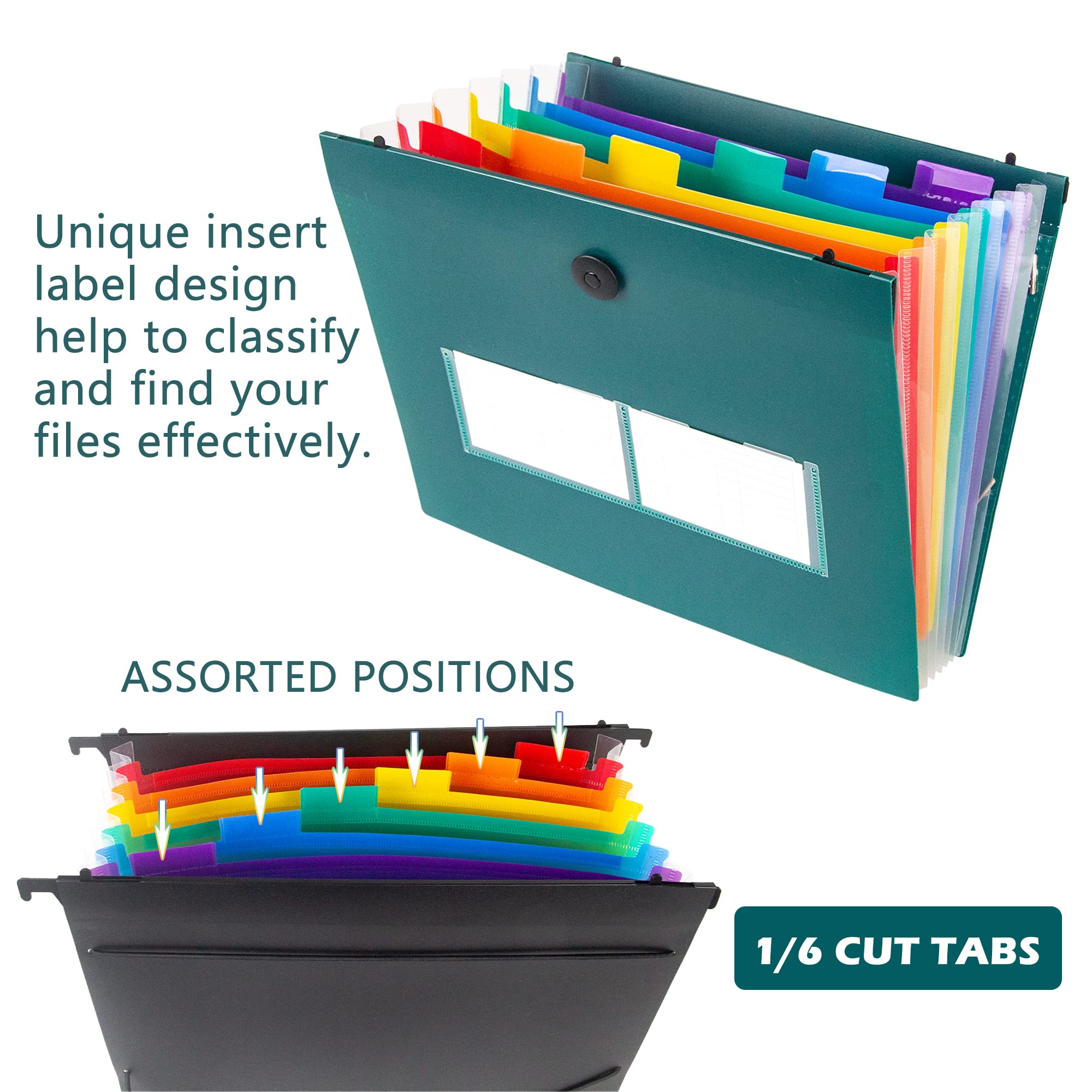 Plastic Hanging File Folders Set - 2 Pack (14 Pockets) Letter Size with Retractable Hooks, Expandable Waterproof File Organizer for Office, Home, Filing Cabinet - Black & Green for Documents, Receipts, Bills Organization