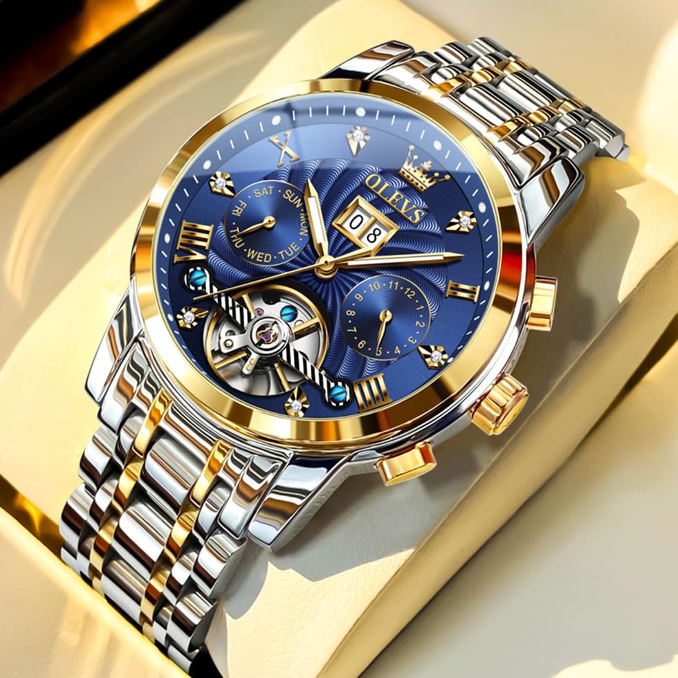 OLEVS Luxury Skeleton Automatic Mechanical Watch for Men - Self Winding, Diamond Accents, Luminous Hands, Waterproof - Perfect for Business, Formal Events & Everyday Wear
