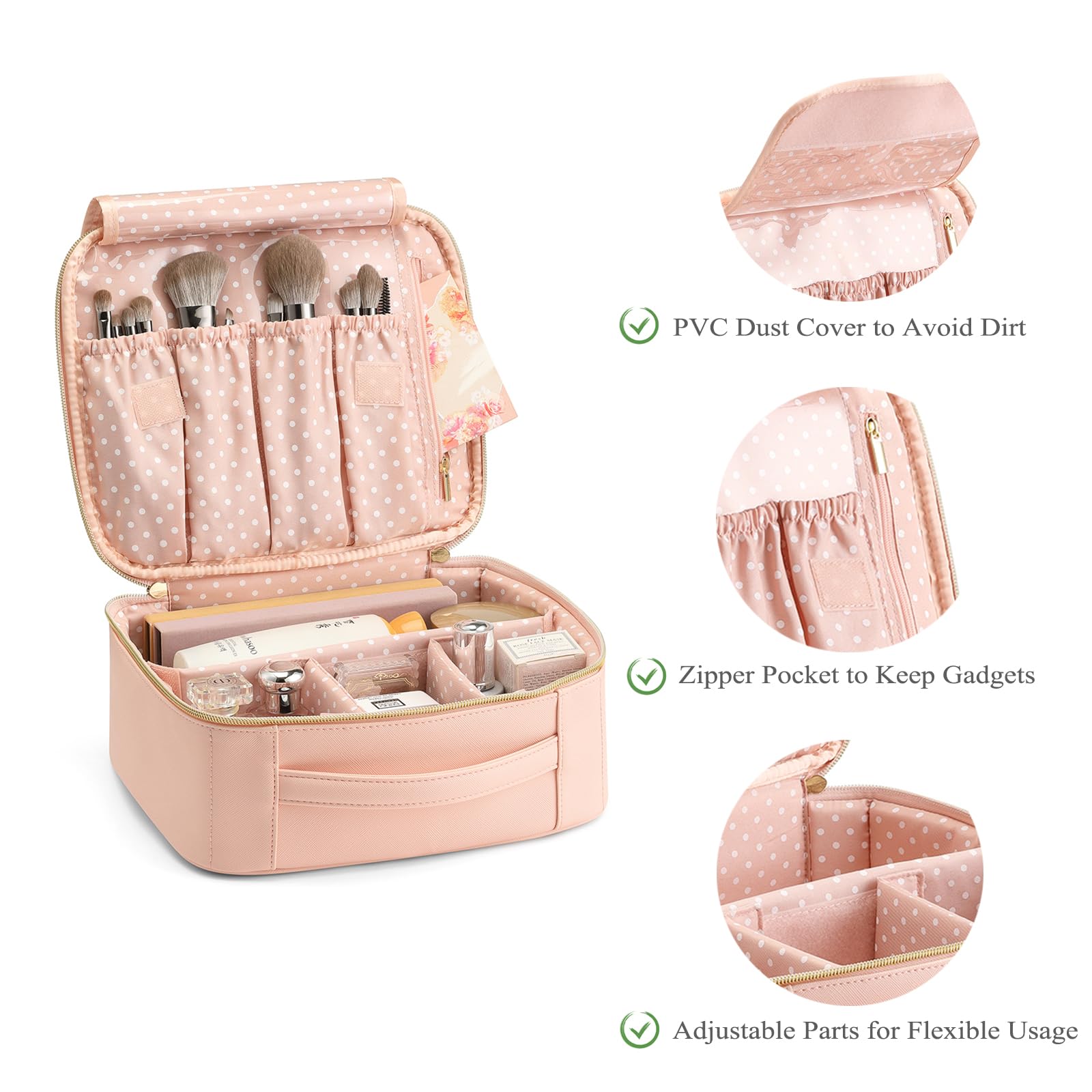 Vlando Large Travel Toiletry Bag with Dividers for Cosmetics & Jewelry - Pink, Perfect for Vacation & Gym Use
