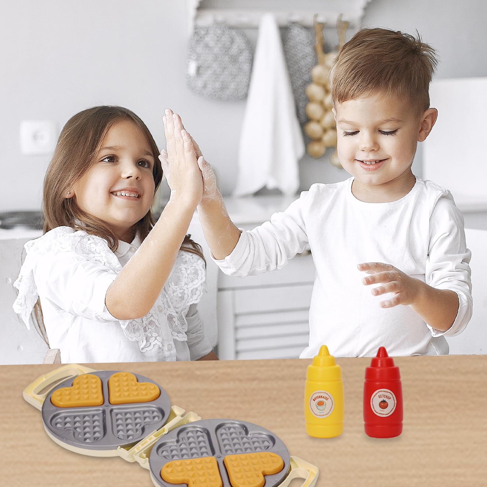 Kids Pretend Play Kitchen Set - Waffle Maker Toy with 4 Bread Pieces, Tongs & Sauce Bottle | Educational Cooking Toys for Toddlers | Perfect for Role Play, Birthday Gifts & Preschool Learning Activities
