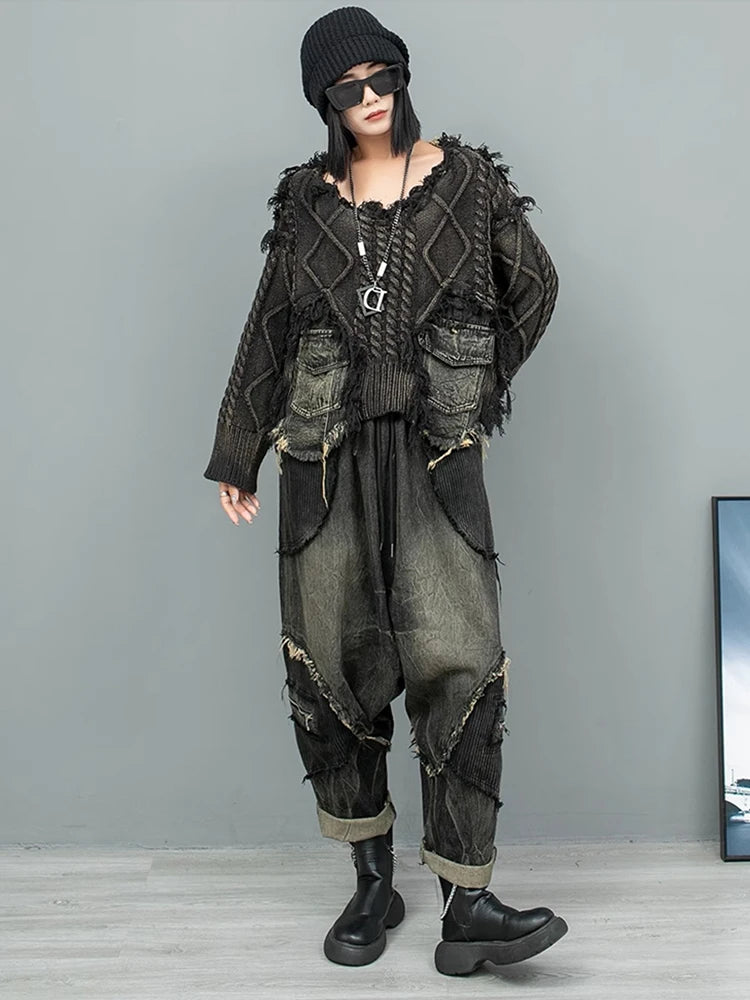 Black Denim Big Size Knit Sweater for Women - Round Neck Long Sleeve Pullover | Fashionable Spring & Autumn 2025 Style (1DH9546) | Perfect for Casual Outings, Office Wear & Layering in Cool Weather