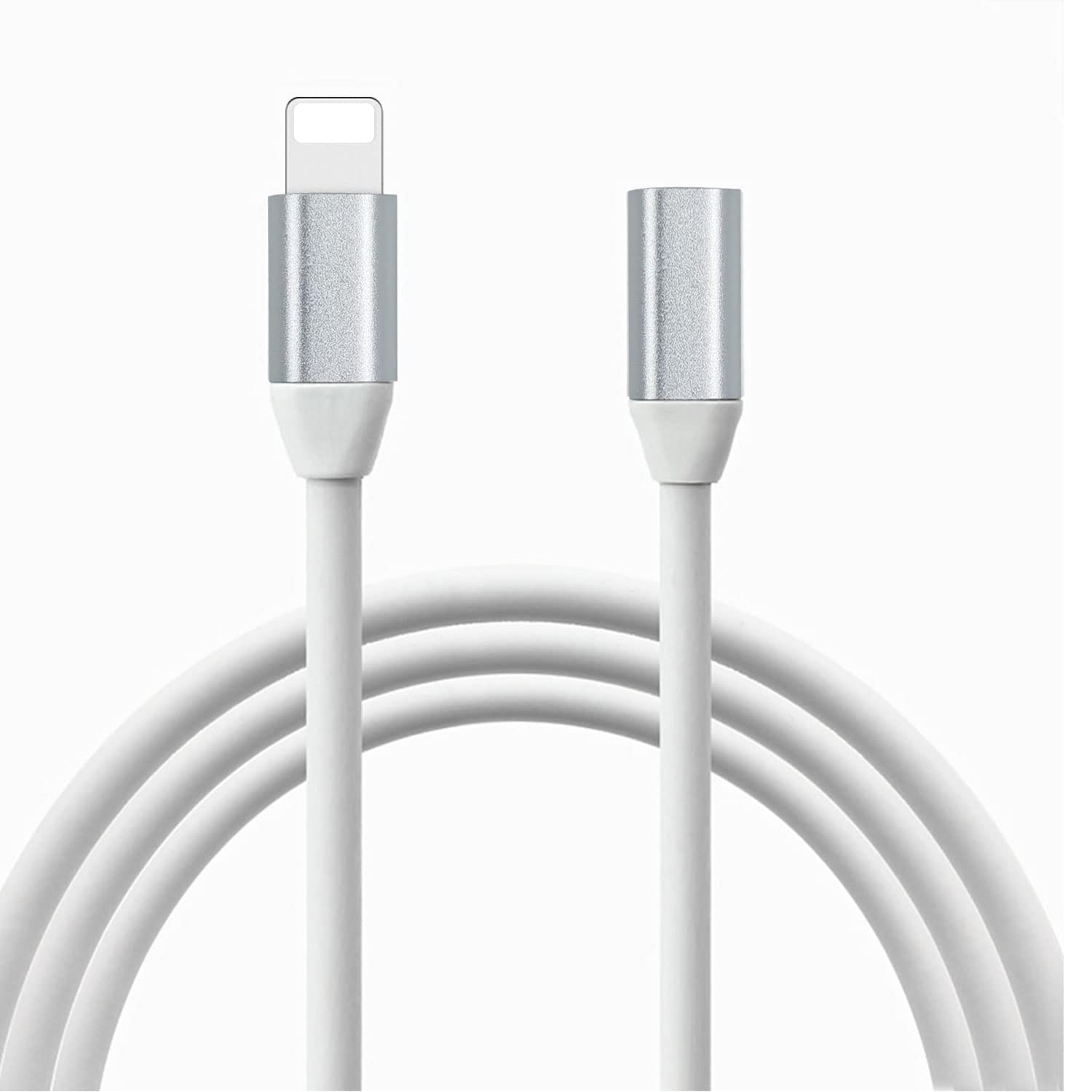 1M/3.3FT Lightning Extension Cable - Female to Male Connector for Video, Audio, Data & Charging | Silver Aluminum & White TPE | Compatible with iPhone, iPad, iPod | Perfect for Home, Office & Car Use