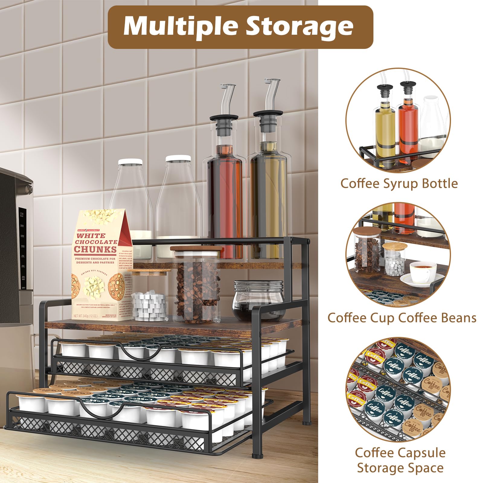 3-Tier Coffee Bar Organizer - Rustic Brown K-Cup Storage Rack for Coffee Pods, Syrups & Supplies | Countertop Organizer for Keurig, Nespresso & Coffee Makers | Perfect for Home Kitchen, Office Breakroom & Cafe Stations