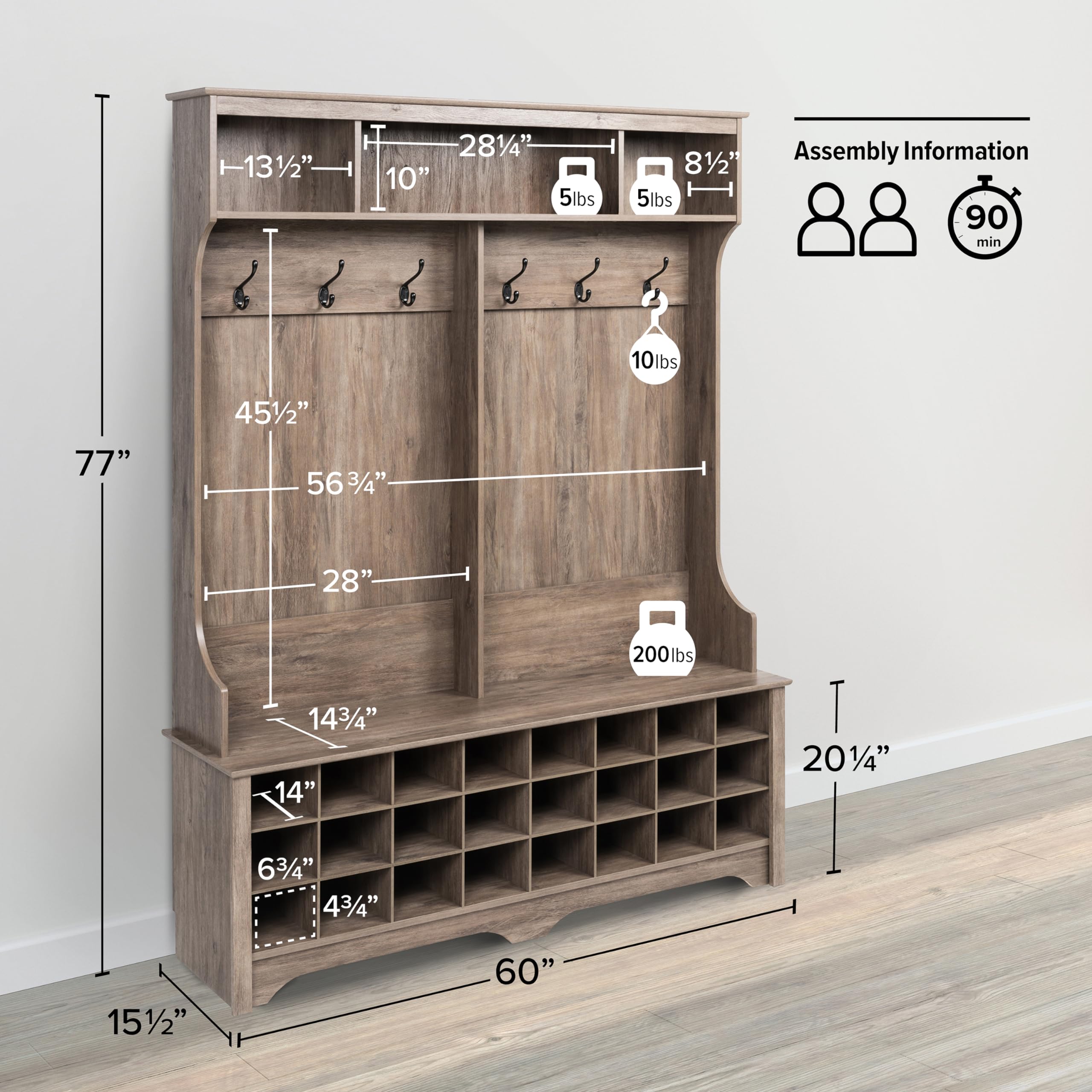 Prepac Gray Hall Tree Entryway Storage Cabinet - 24 Shoe Cubbies & 6 Double Coat Hooks - 15.5