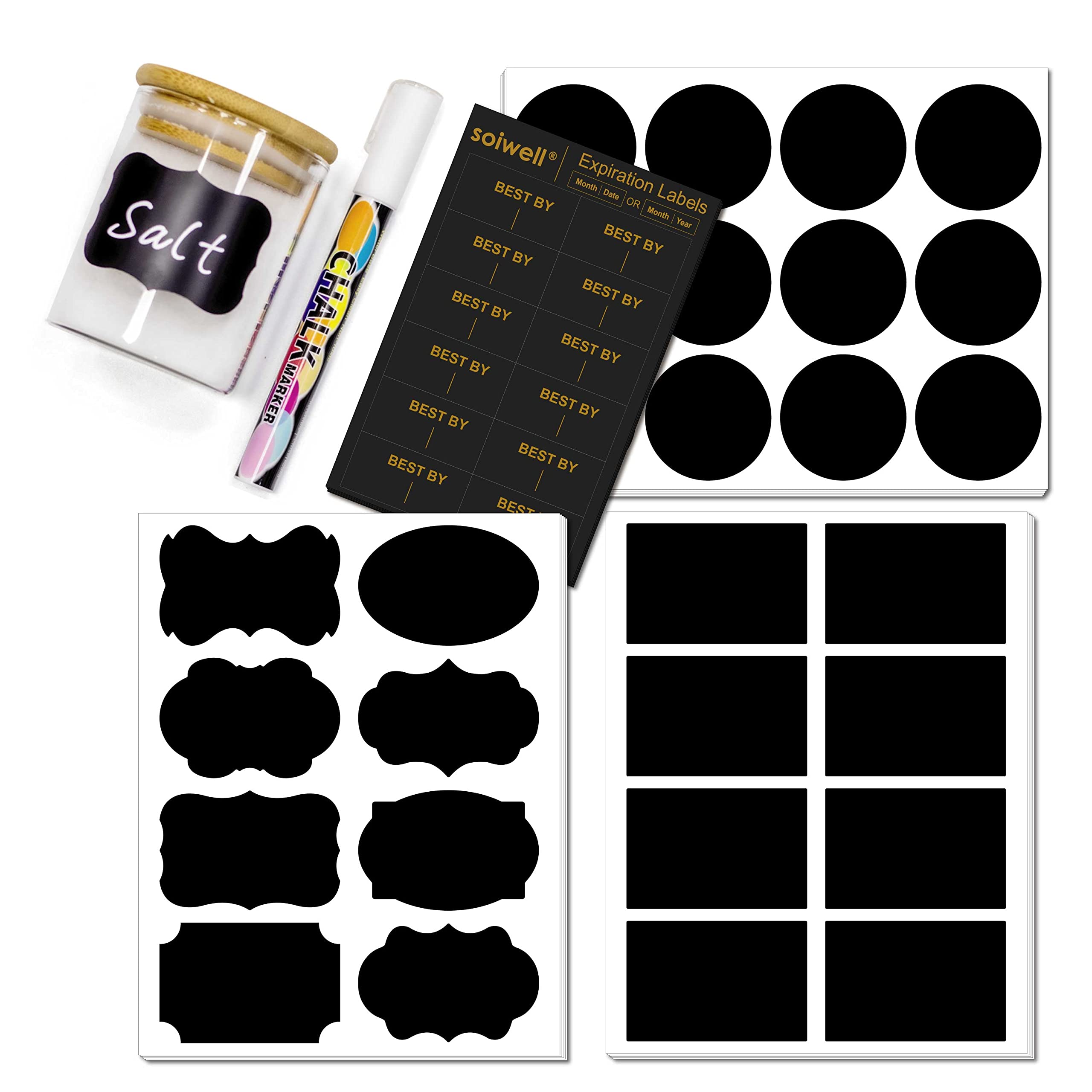 Reusable Chalkboard Labels for Food & Spice Jars - Write-On Expiration Date Labels for Kitchen Pantry Organization - Perfect for Mason Jars, Storage Bins & Food Containers (Ideal for Meal Prep & Home Canning)