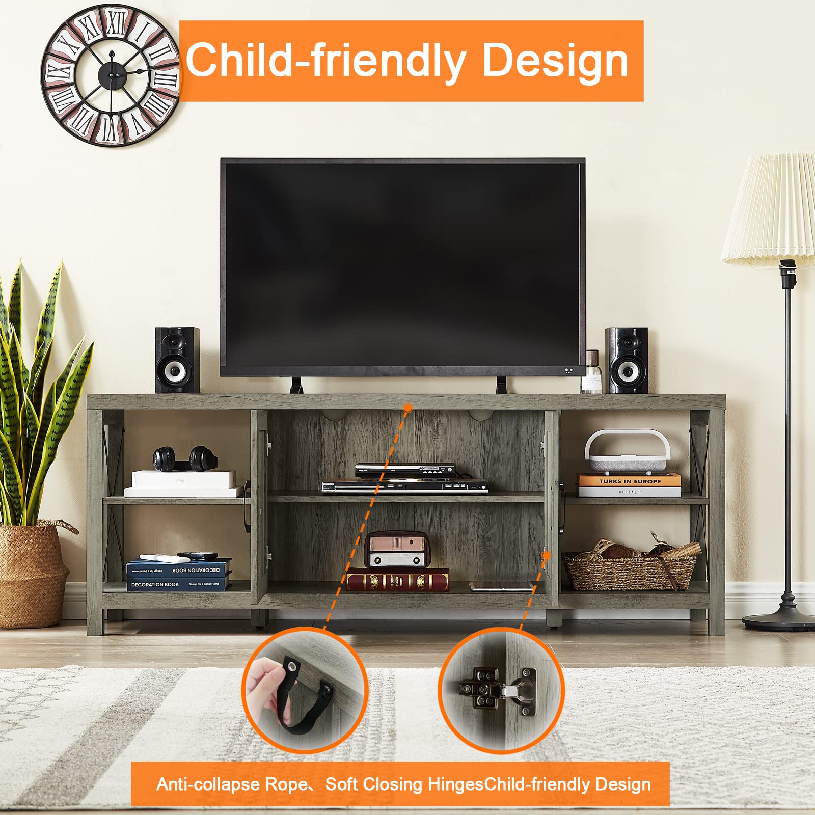 75 Inch TV Stand with Storage - 65 Inch Width Wood Entertainment Center for 65 70 75+ Inch TVs - Soft Closing Door Hinges & Grey Wash Finish - Perfect for Living Room, Bedroom, or Home Theater Setup