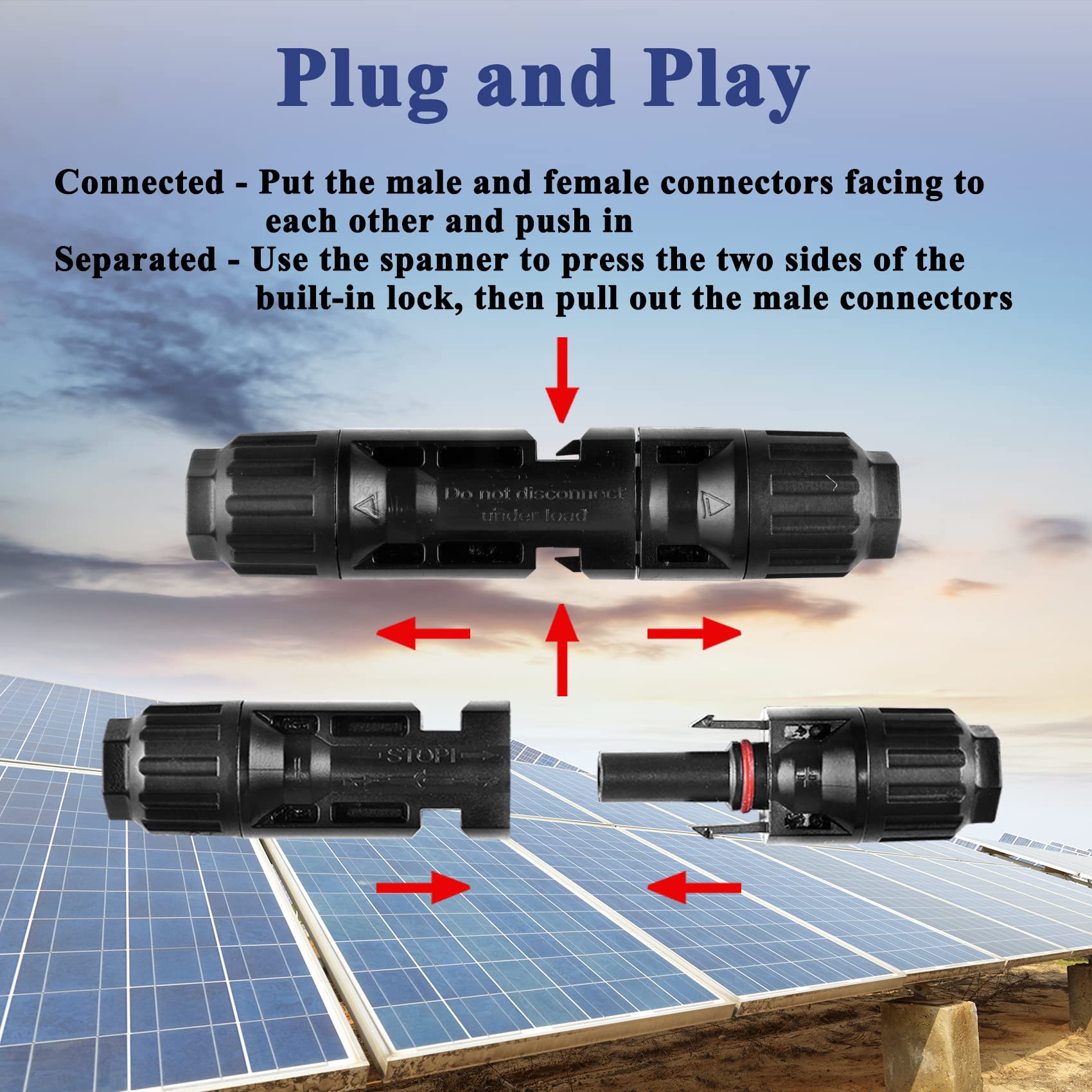 MUYI 42PCS IP67 Waterproof Solar Panel Connectors Kit - 1000V 30A MC4 Male/Female Plugs with 2 Spanners (10 Pairs) for Solar Power Systems, RV, Boat & Off-Grid Applications