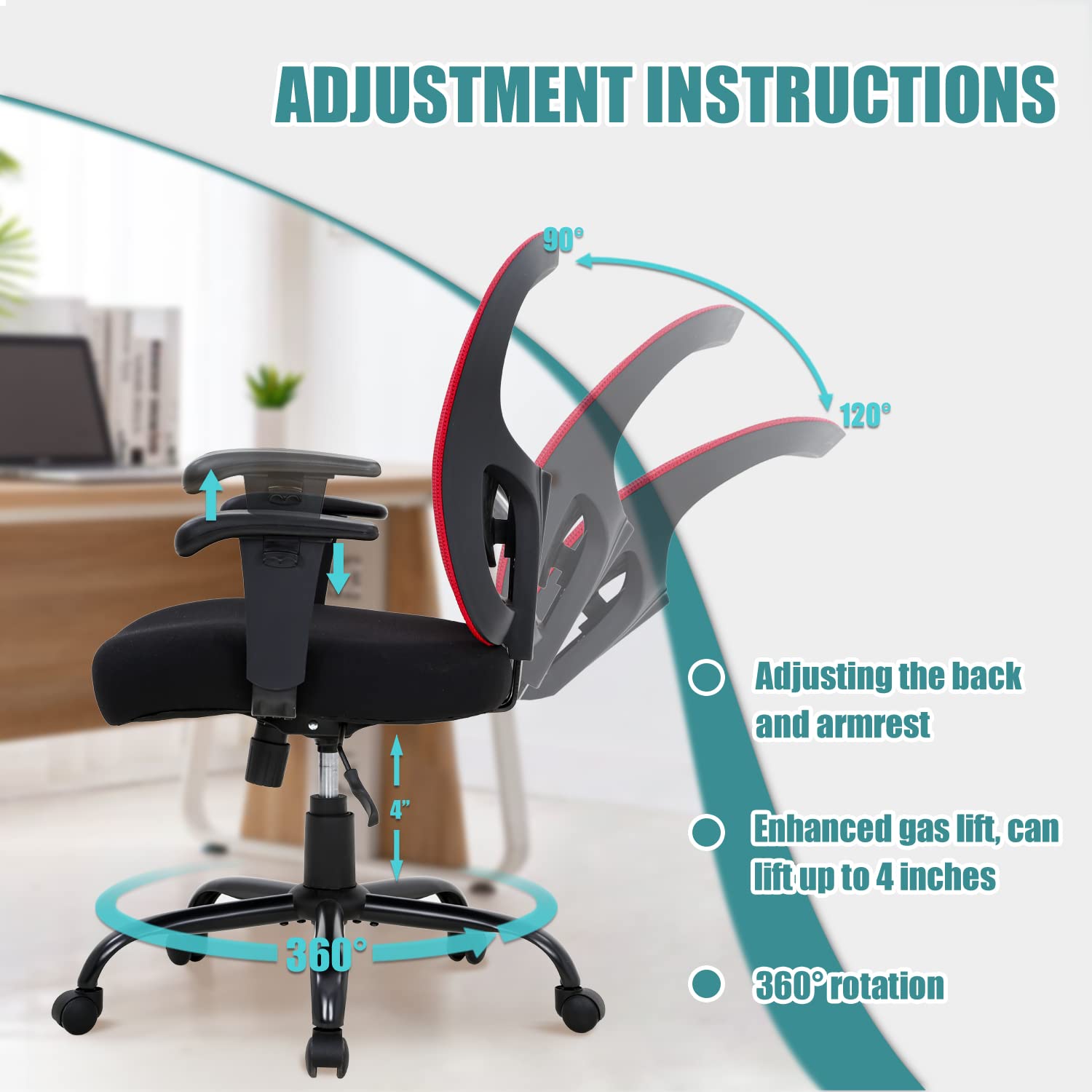 Big and Tall Office Chair for Heavy People 400lbs - Extra Wide Computer Desk Chair with Adjustable Arms & Ergonomic Lumbar Support - Heavy Duty Rolling Chair for Home Office (Red) - Perfect for Long Work Hours & Comfortable Workspace Setup
