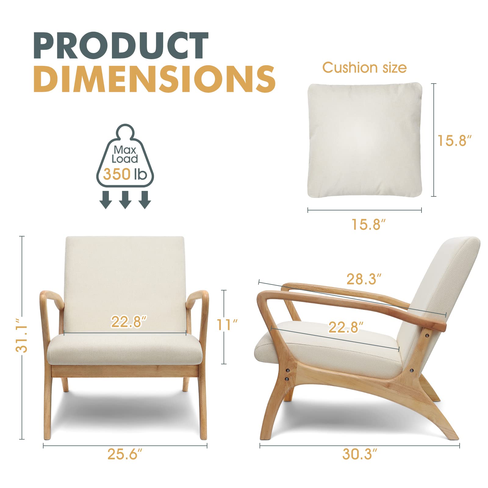 Mid-Century Modern Accent Chair with Cushion - 28.3
