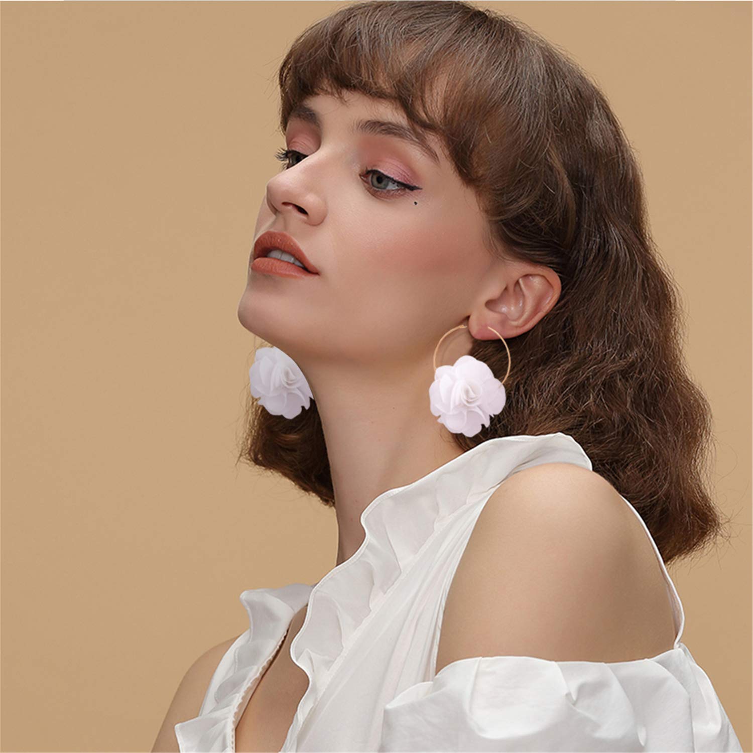 Lightweight Bohemian Big Fabric Flowers Dangle Drop Earrings - Handmade Floral Petal Hoop Earrings with Chiffon Tassel for Women | Perfect for Vacation, Wedding & Boho Fashion (White)