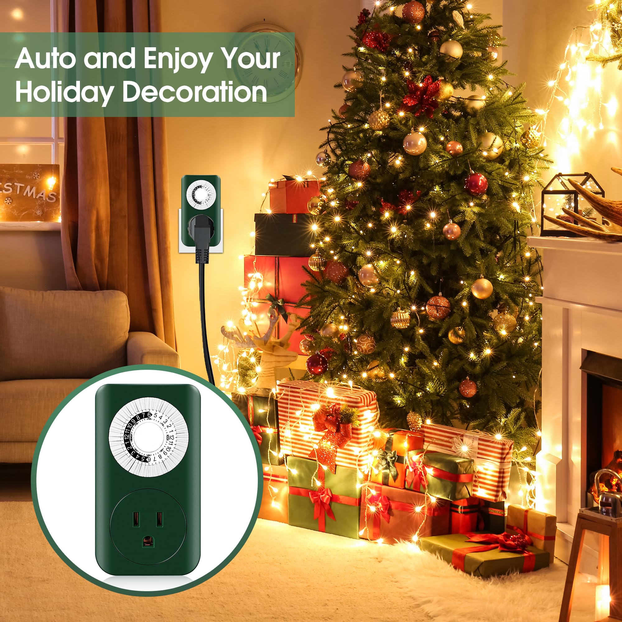Dreyoo 2 Pack 24-Hour Mechanical Outlet Timer - Indoor Plug-in Electrical Timer for Christmas Lights, Lamps & Appliances | 3-Prong Daily On/Off Cycle | Perfect for Holiday Decor, Home Automation & Energy Saving