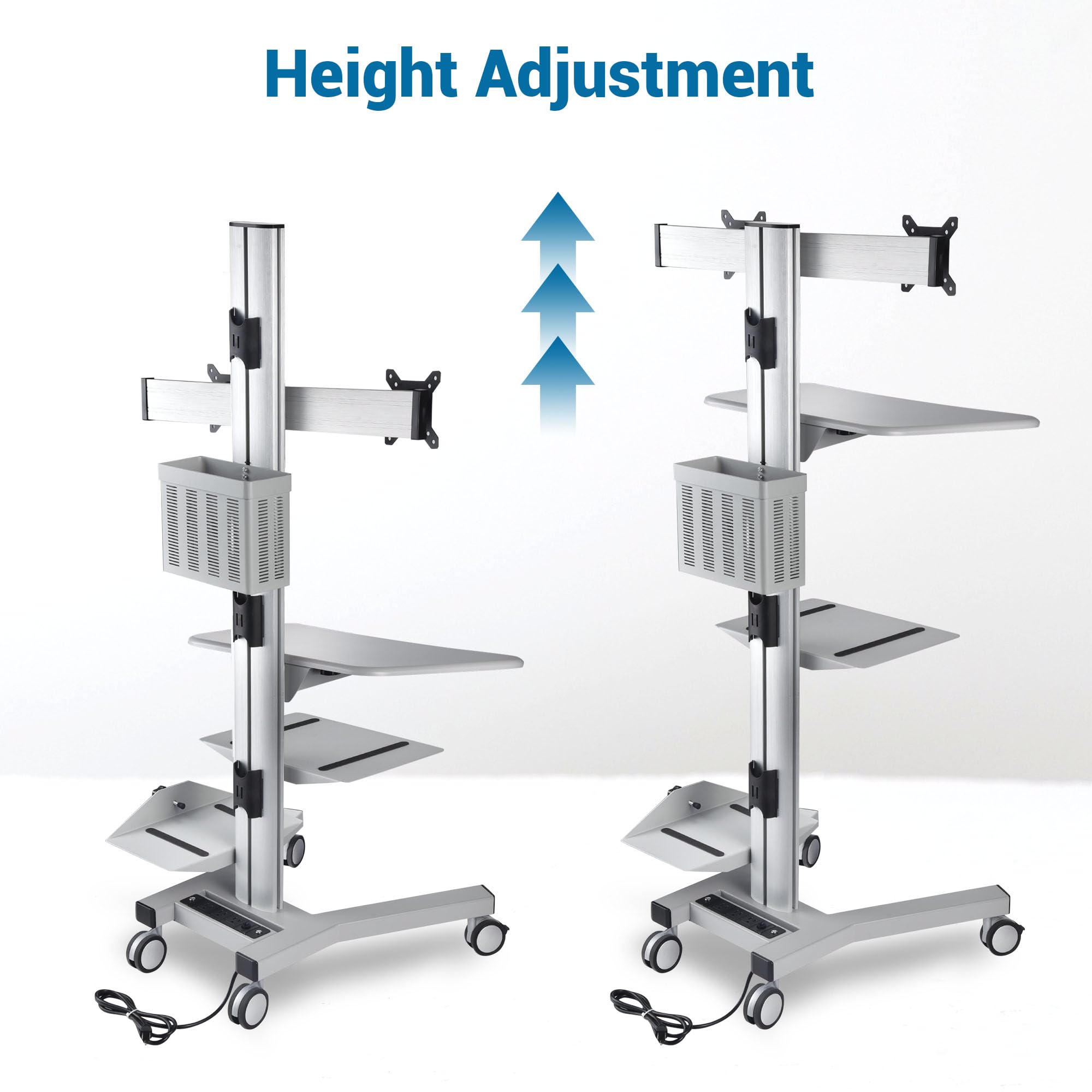 AW Mobile Computer Workstation Cart - Adjustable Dual Monitor Mount, Keyboard Tray & CPU Holder with Wheels | Portable Rolling PC Desk for Office, Home & Gaming Setup | Silver Standing Workstation Cart