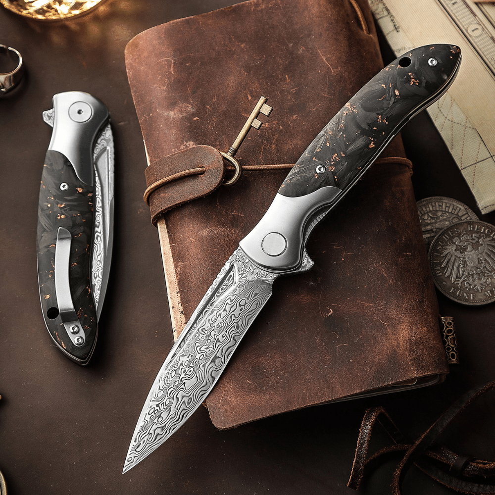 Raven VG10 Ultralight Folding Pocket Knife - Titanium & Carbon Fiber Handle - EDC, Camping, Hiking & Outdoor Survival Gear