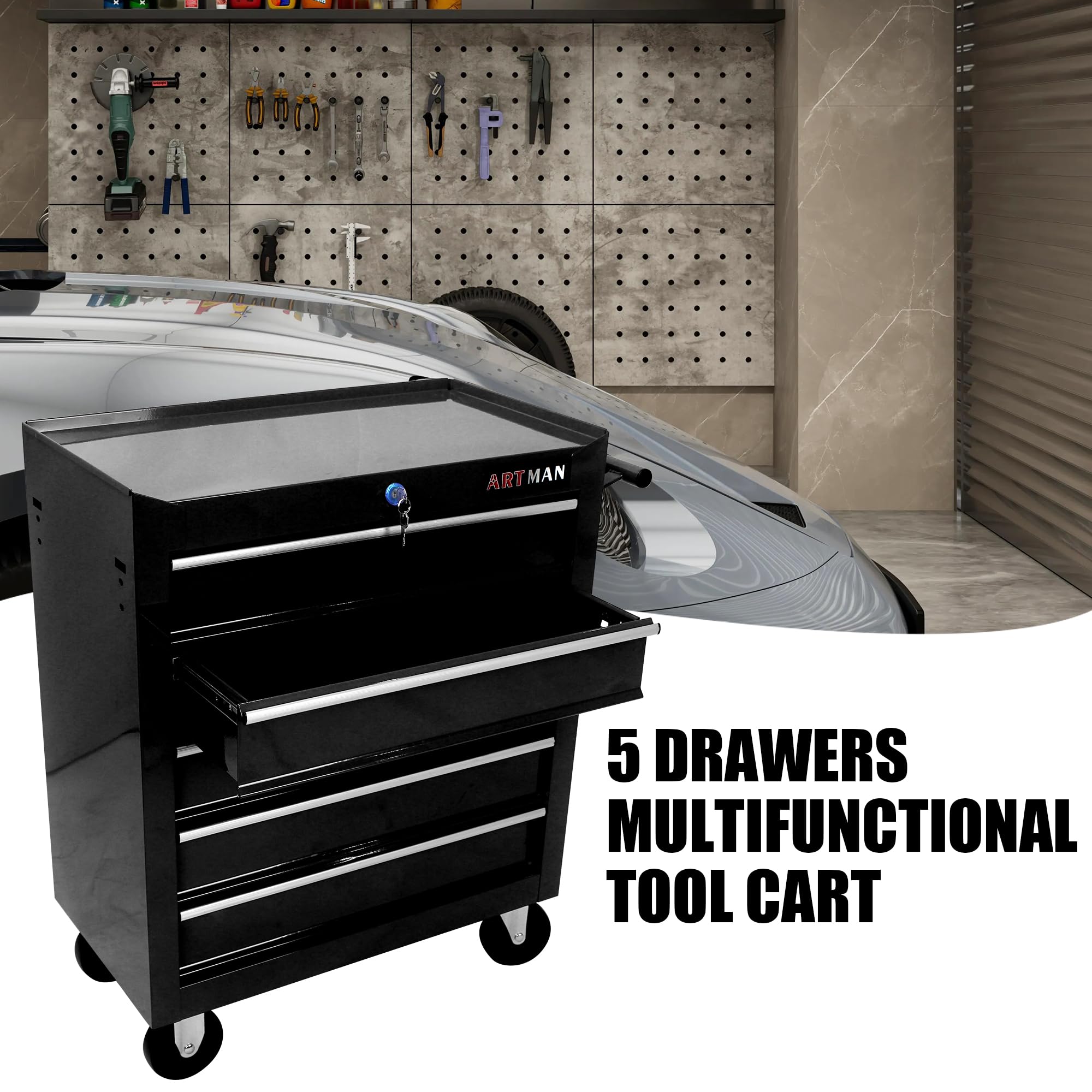 5-Drawer Rolling Tool Cart with Wheels - Heavy Duty Mobile Tool Chest Storage Organizer for Garage, Workshop, Warehouse & Auto Repair - 5 Large Drawers, 29.3