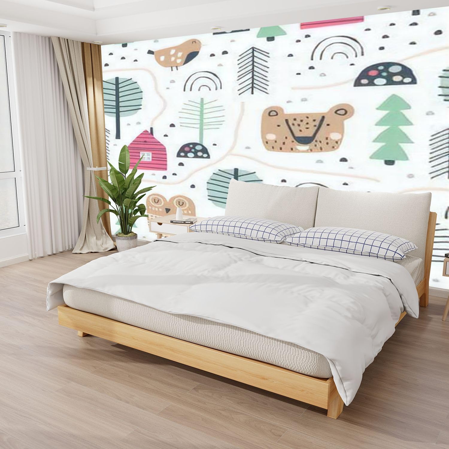 3D Modern Peel and Stick Wallpaper - Cute Animal & Tree Scandinavian Style Hand-Drawn Removable Wall Mural for Living Room, Kids Bedroom Decor | Easy DIY Home Decoration, Nursery Wall Stickers, Rental Friendly Wall Covering