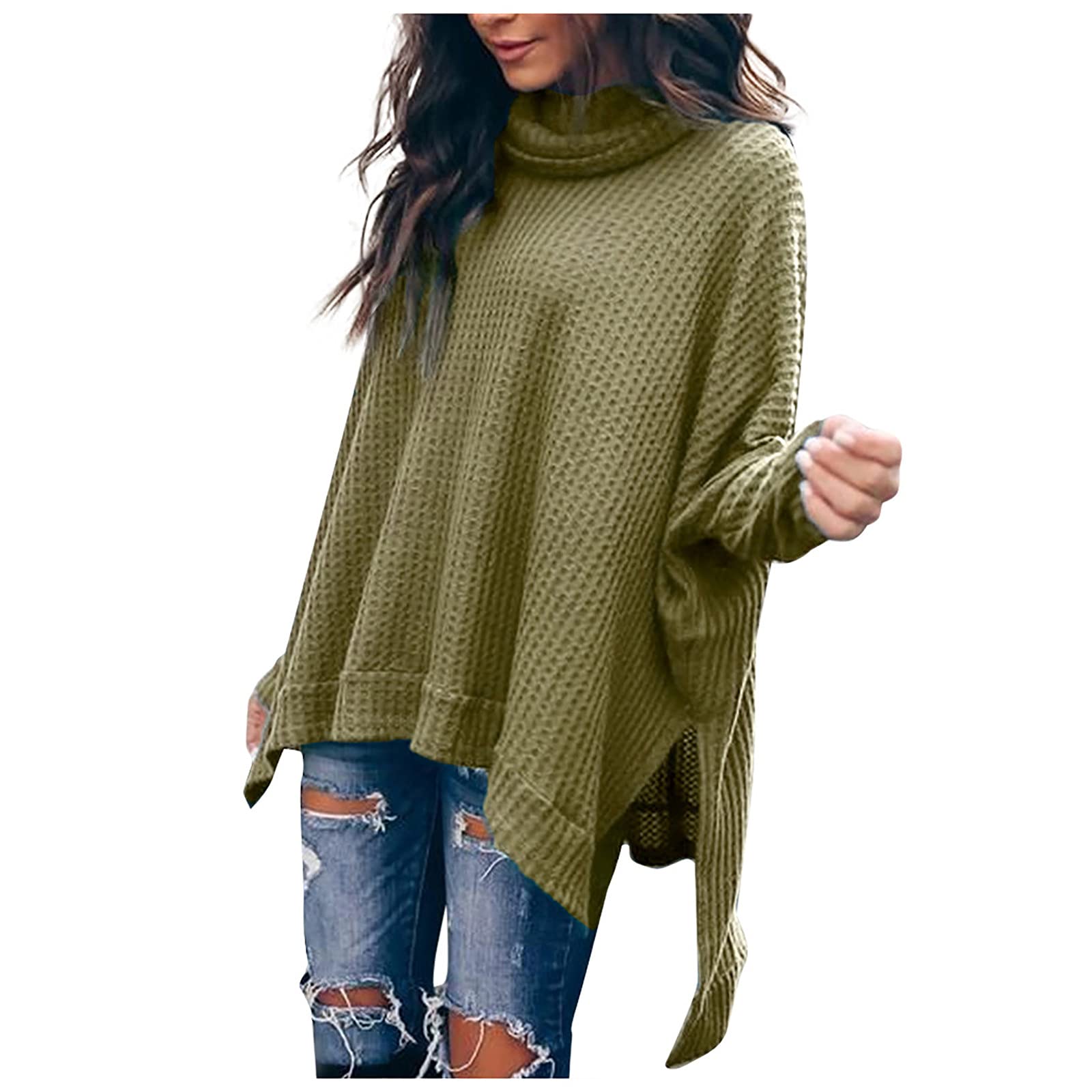SERYU Women's Oversized Batwing Sleeve Turtleneck Sweater - Loose Waffle Knit Tunic with High Low Hem & Side Slit | Casual Fall Winter Pullover for Work, Date Night & Weekend Outfits