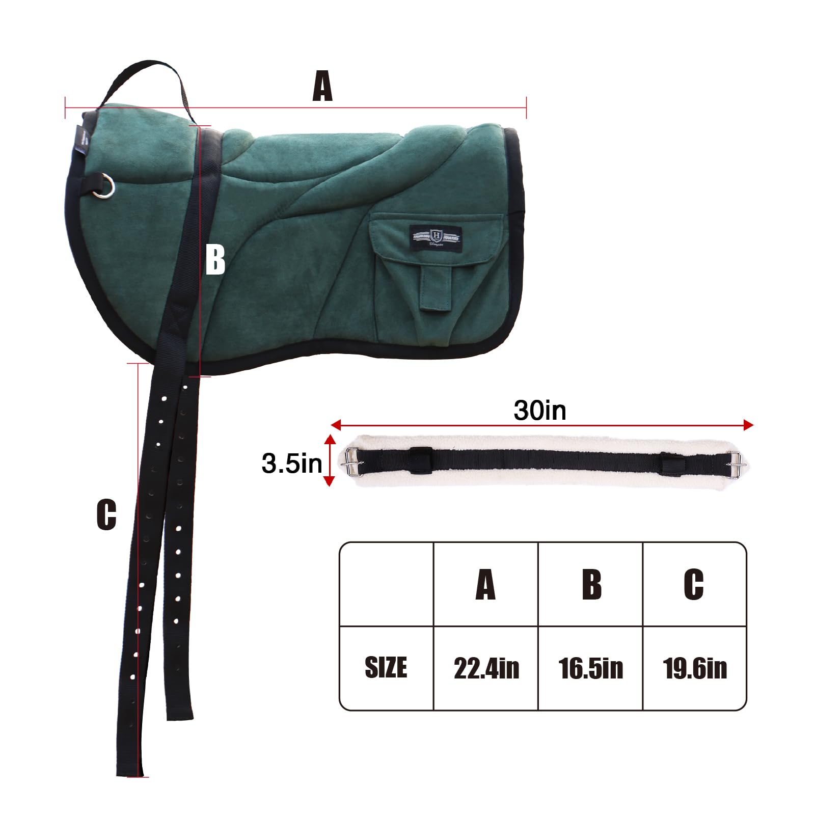 Harrison Howard Anti-Slip Bareback Pad - Extra Thick Center for Maximum Support, Ergonomic Design with Side Pockets & Matching Girth - Perfect for Trail Riding, Horse Training, and Comfortable Bareback Riding