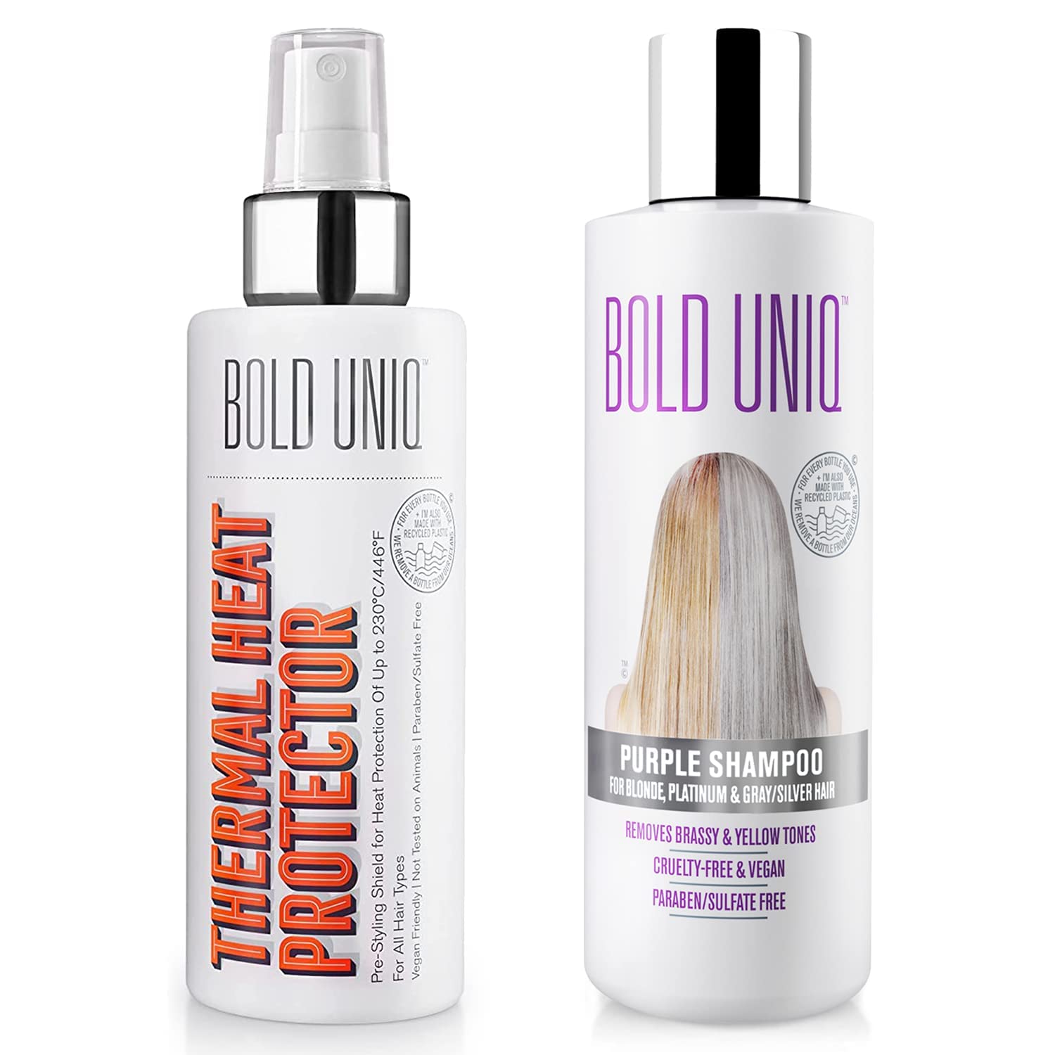 BOLD UNIQ Heat Protectant Spray & Purple Shampoo Bundle - Thermal Protection up to 450°F for Blonde, Platinum, Silver & Gray Hair - Sulfate-Free Hair Care Set - Perfect for Salon Styling & At-Home Color Maintenance