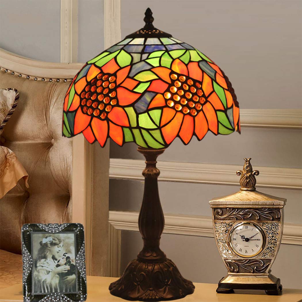 12 Inch Tiffany Style Orange Blue Stained Glass Table Lamp - Pastoral Sunflower Green Leaves Design for Living Room, Bedroom & Study | Perfect Reading Lamp & Bedside Night Light