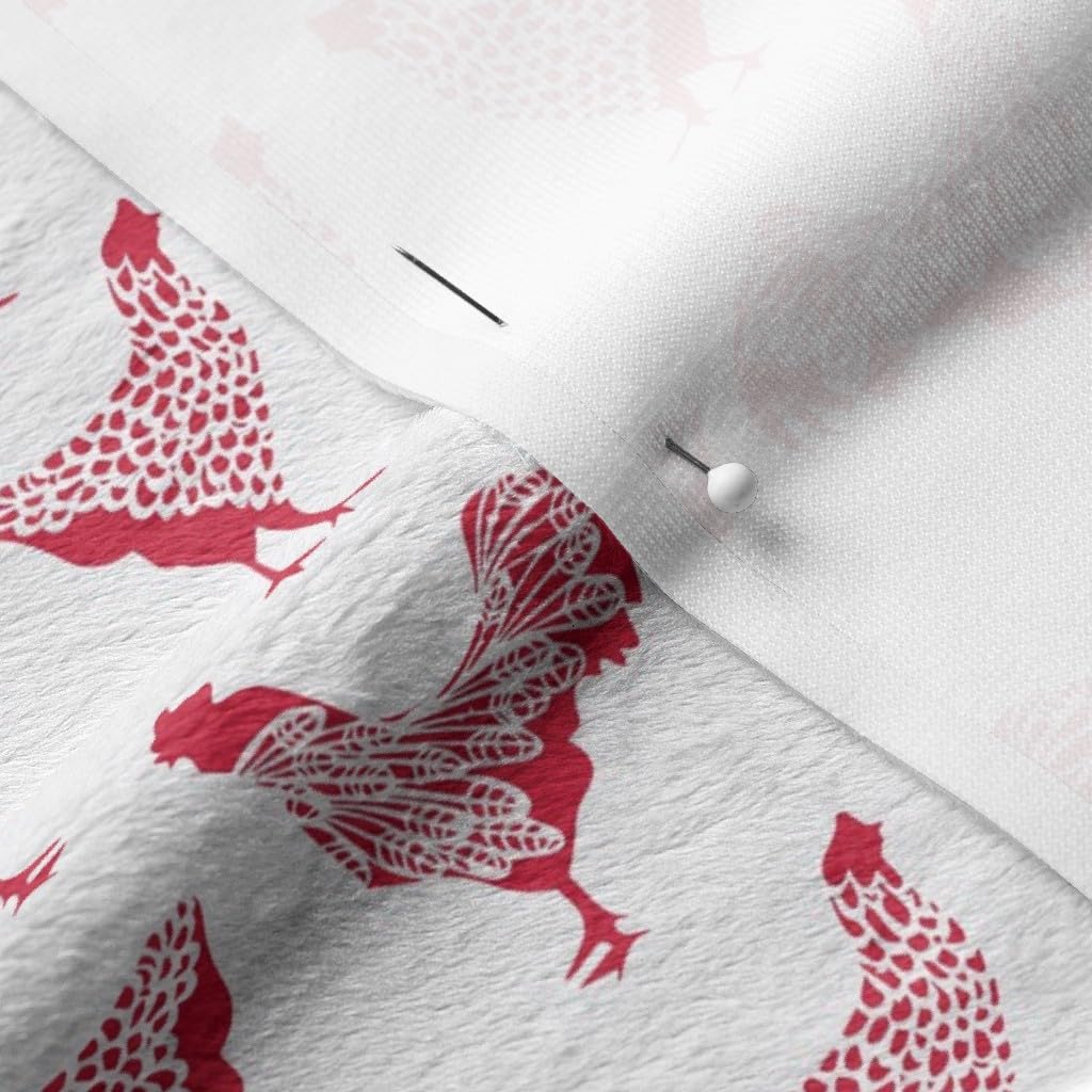 Red Chicken White Farm Animal Neutral Hen Rooster Chickens Monochrome Printed Minky Fabric by The Yard - Soft Plush Material for Sewing Baby Blankets, Quilt Backing & DIY Projects - Perfect for Nursery Decor, Home Crafts & Gift Making