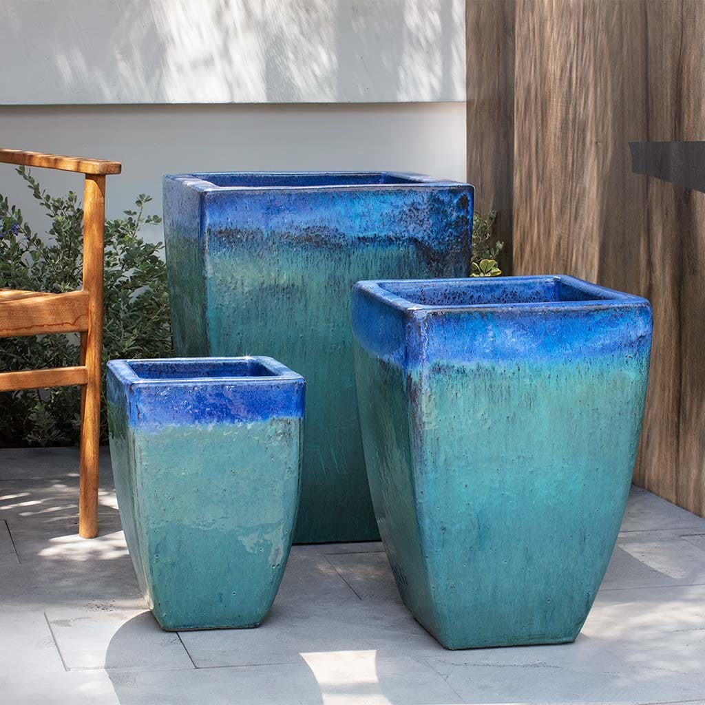 Campania International Macouba Planter Set of 3 - Running Blue Ceramic Flower Pots for Indoor & Outdoor Plants - Perfect for Home, Garden, Patio, and Office Decor