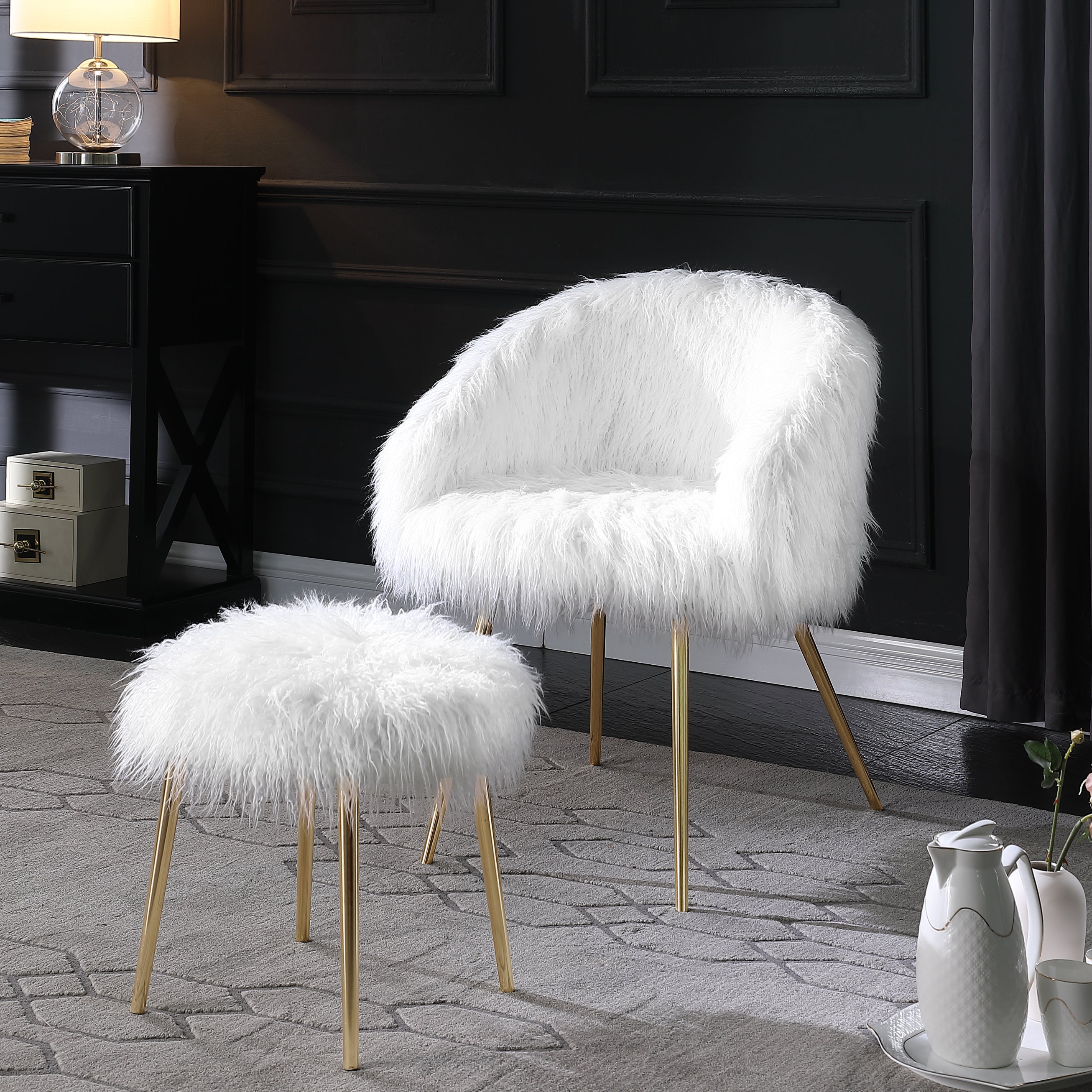 Luxury Faux Fur Accent Armchair with Ottoman - Modern Living Room Chair for Cozy Home Decor, Perfect for Reading Nook or Bedroom Sitting Area