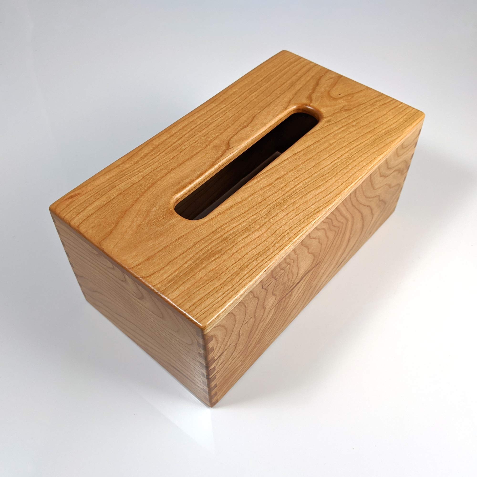 Handmade Cherrywood Tissue Box Cover - Solid Wood Rectangle Tissue Box Holder with Box-Jointed Sides for Home & Office Decor