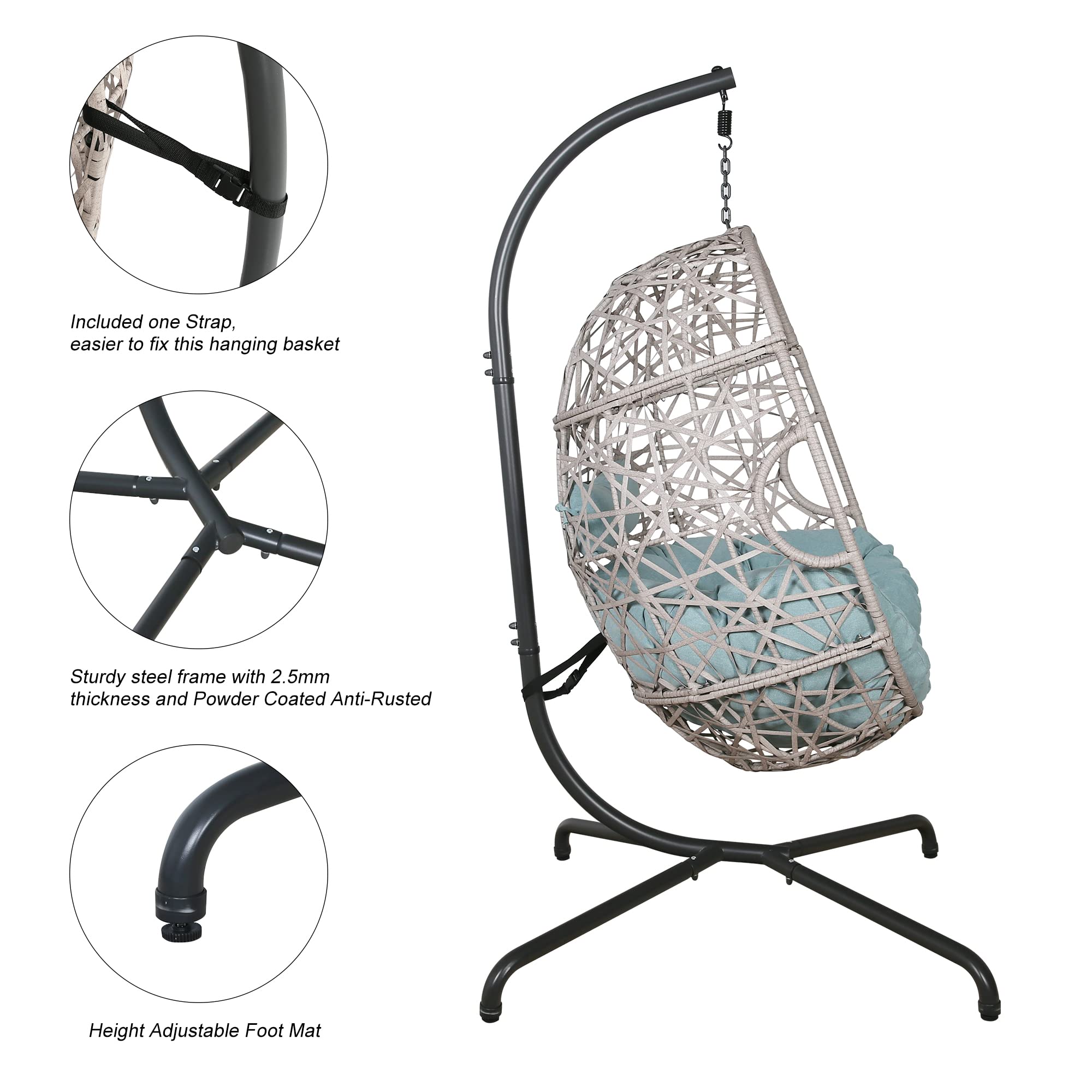 Outdoor Wicker Egg Hanging Chair with Stand - Rattan Hammock Swing Chair with Cushion for Patio, Balcony, Garden, Bedroom - Blue | Perfect for Relaxing, Reading & Lounging in Your Backyard or Indoor Space