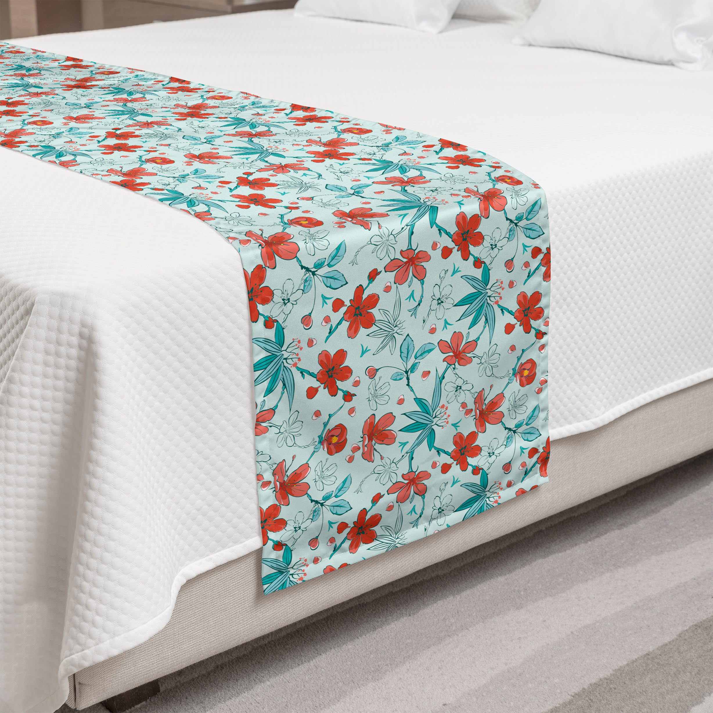 Ambesonne Floral Bed Runner - Hand-Painted Brush Stroke Flower Design on Branches, Decorative Bed Scarf for King Size Beds, Vermilion & Pale Blue - Perfect for Hotel, Home & Guest Room Decor