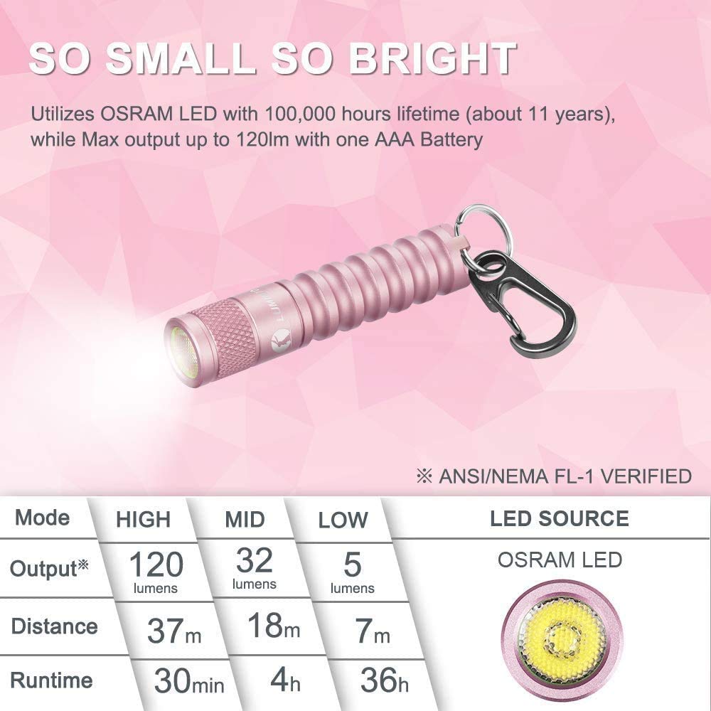 LUMINTOP EDC01 LED Mini Flashlight - 120 Lumens Pocket Flashlight with 3 Modes, 36 Hours Runtime, IPX8 Waterproof, AAA Battery Powered (Pink) - Perfect for Camping, Hiking, Emergency Kits & Everyday Carry