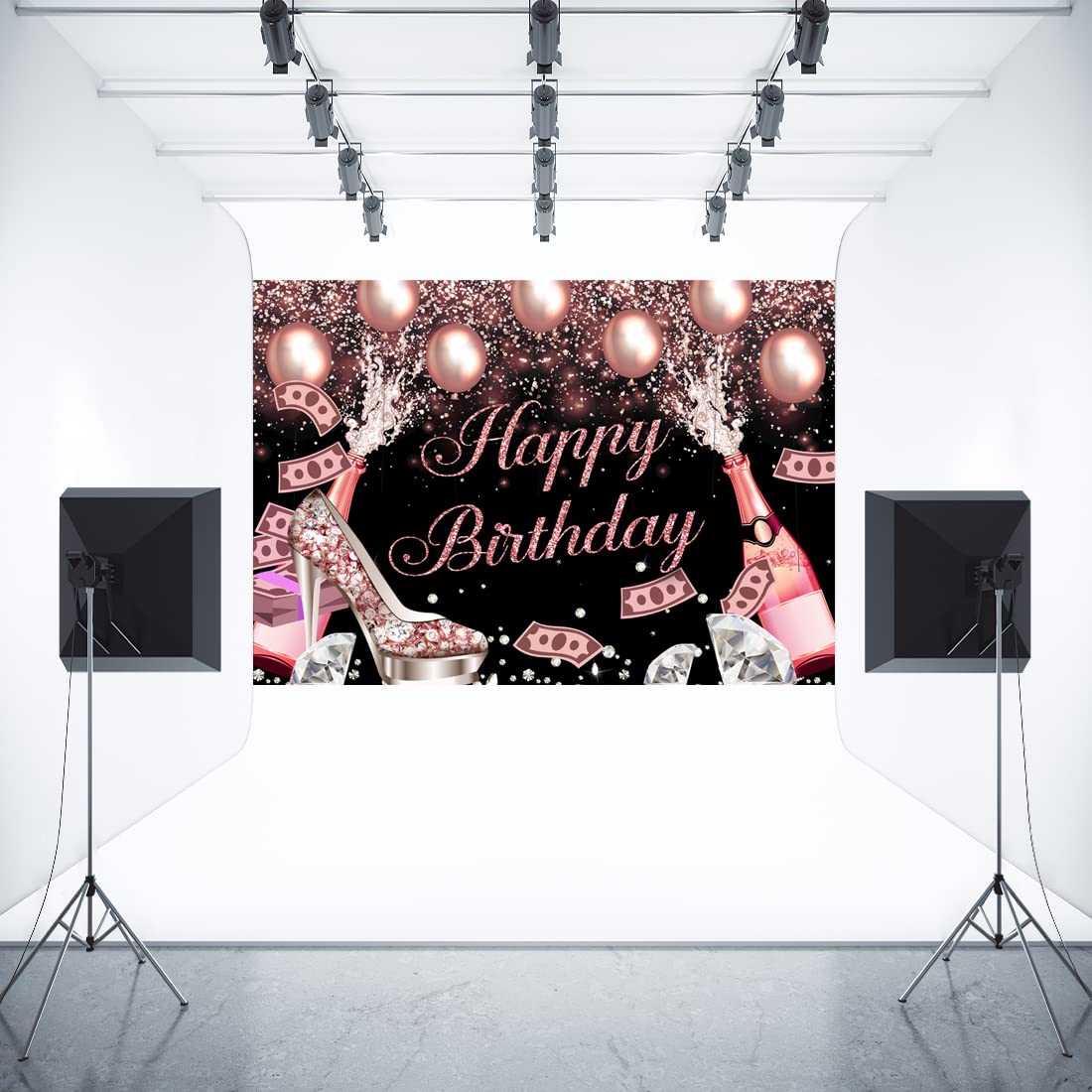 7x5ft Pink Rose Gold Happy Birthday Backdrop with Glitter Dots & Diamonds - Photography Background for Sweet 16, 18th Birthday Party Decorations - Perfect for Girls, Women, Cake Tables, Photo Booths & Banner Supplies