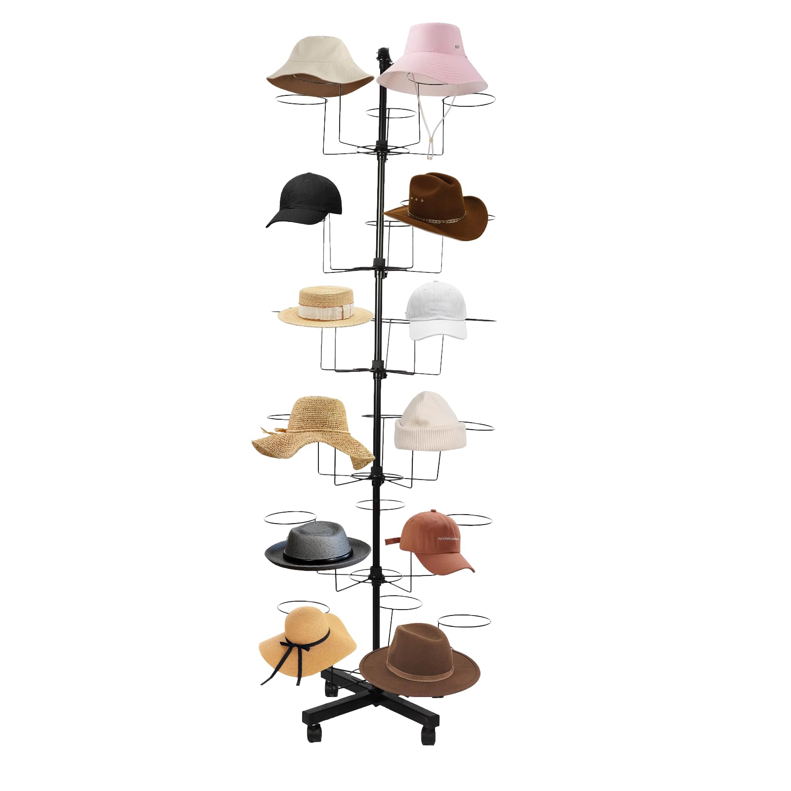 6-Tier Metal Hat Rack Stand with 30 Hooks - Freestanding Rotating Display for Hats, Wigs & Accessories | Modern Retail Store & Home Closet Organization Solution