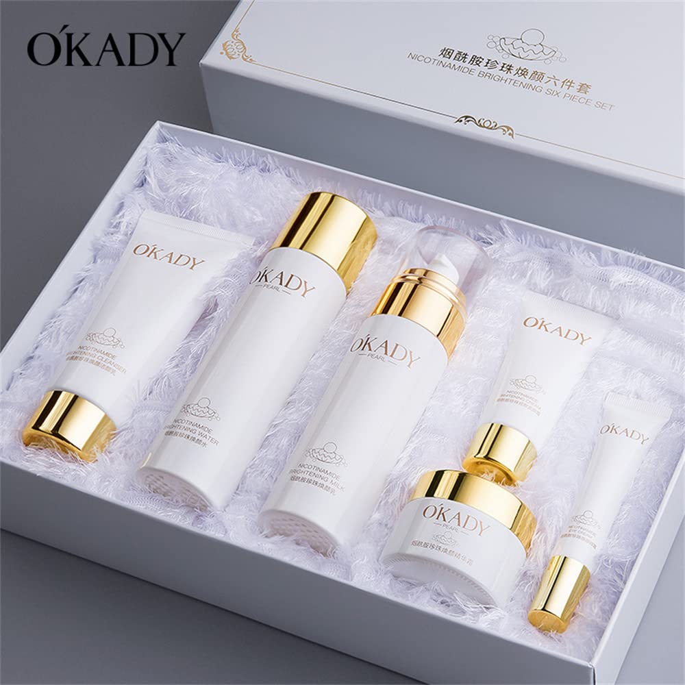 Niacinamide Pearl Face Care Set 6Pcs - Cleanser, Toner, Lotion & Cream for Whitening, Anti-Wrinkle & Pore Minimizing | Hydrating & Firming Skincare Routine for Radiant, Youthful Skin | Perfect for Daily Use & Nighttime Skincare Regimen