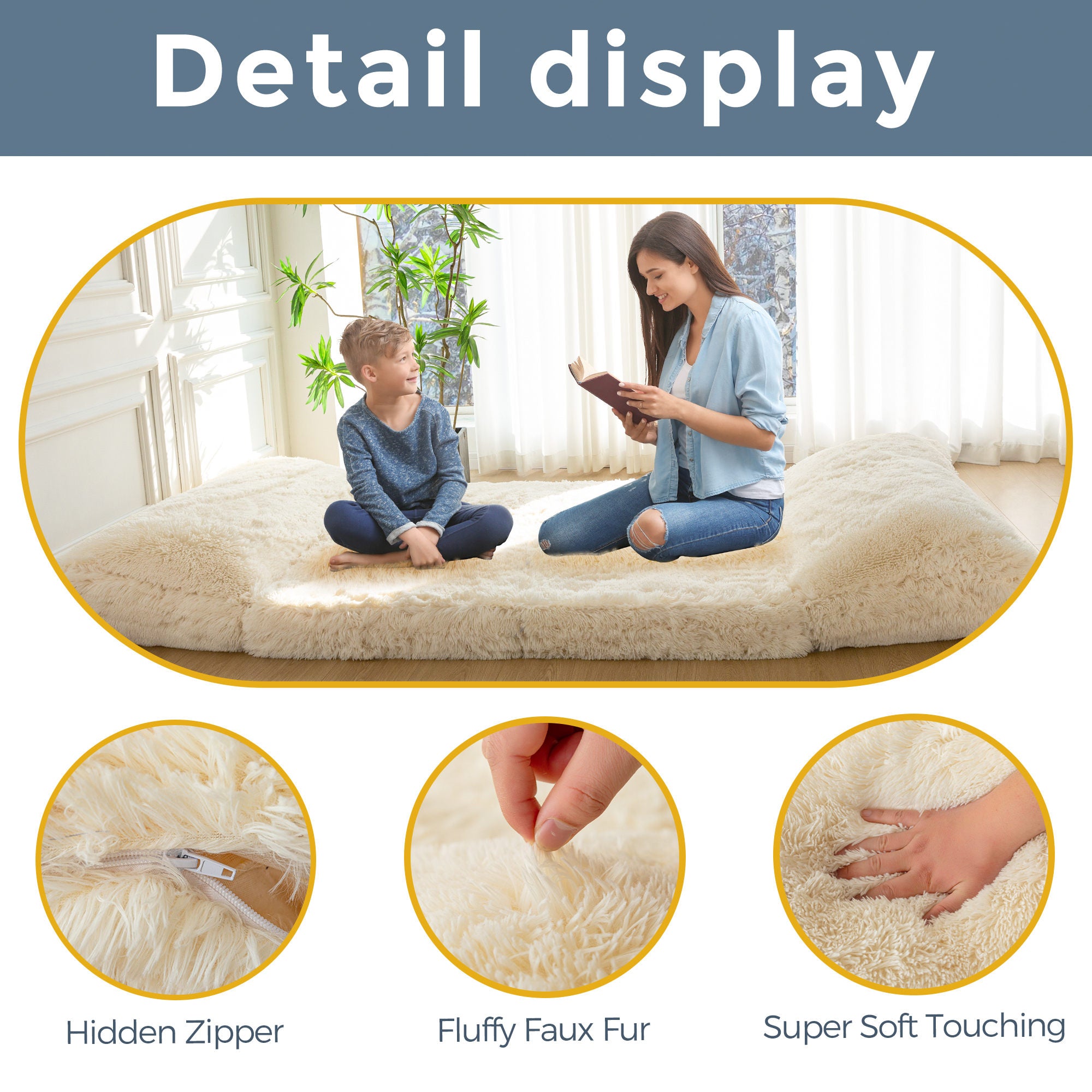 MAXYOYO Folding Bean Bag Sofa Bed - Soft Faux Fur Floor Couch with Foam Filling, Convertible Sleeper Chair in Beige | Perfect for Small Spaces, Living Rooms, Dorms & Movie Nights