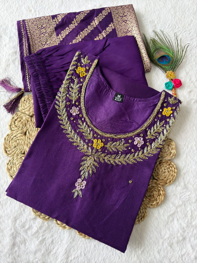 Elegant Purple Roman Silk Salwar Suit with Muslin Jacquard Dupatta - Traditional Indian Outfit for Weddings, Festivals & Special Occasions