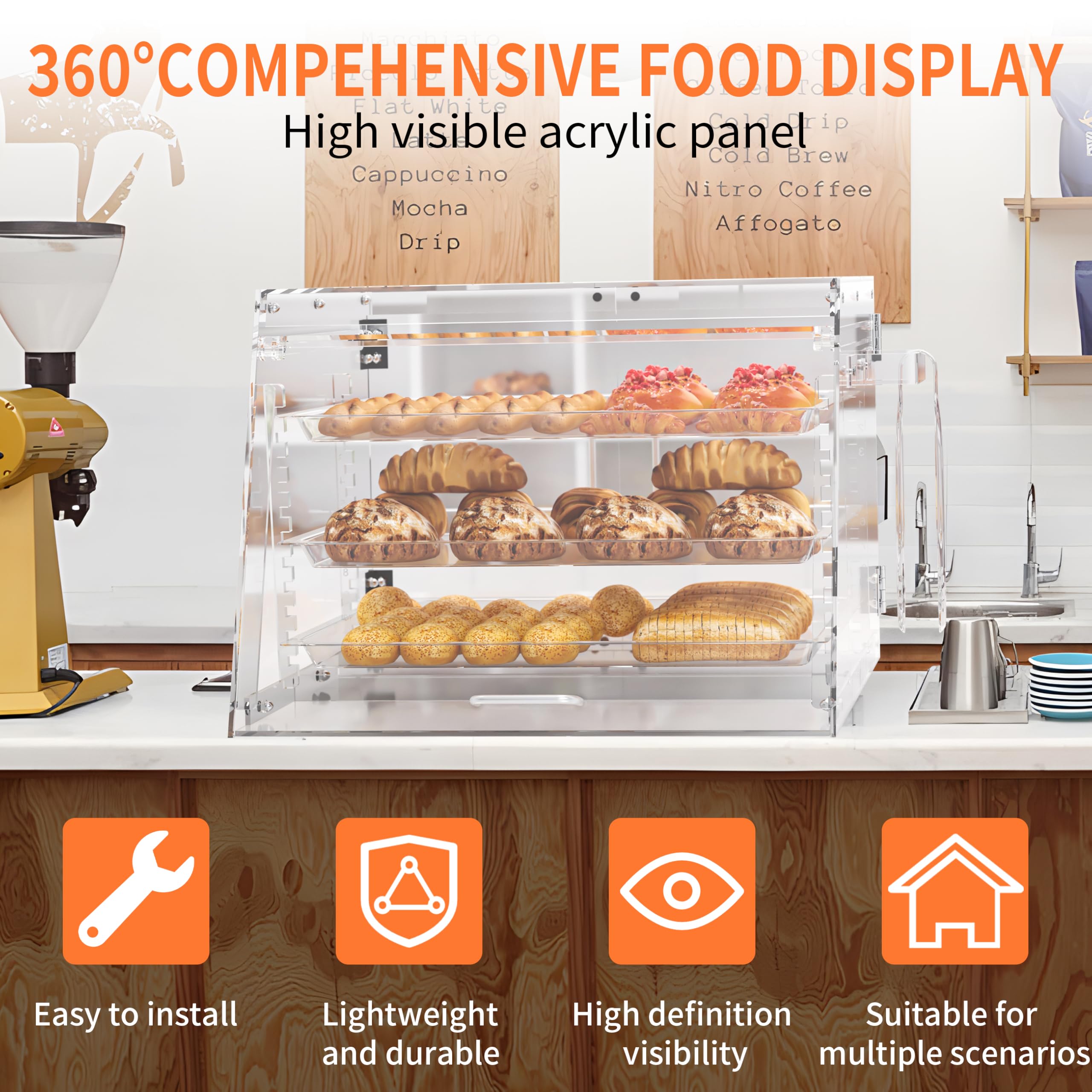 Commercial Countertop Bakery Display Case - 3-Tier Adjustable Pastry Case with Bread Tongs - Clear Acrylic Showcase for Cakes, Cookies & Baked Goods (21
