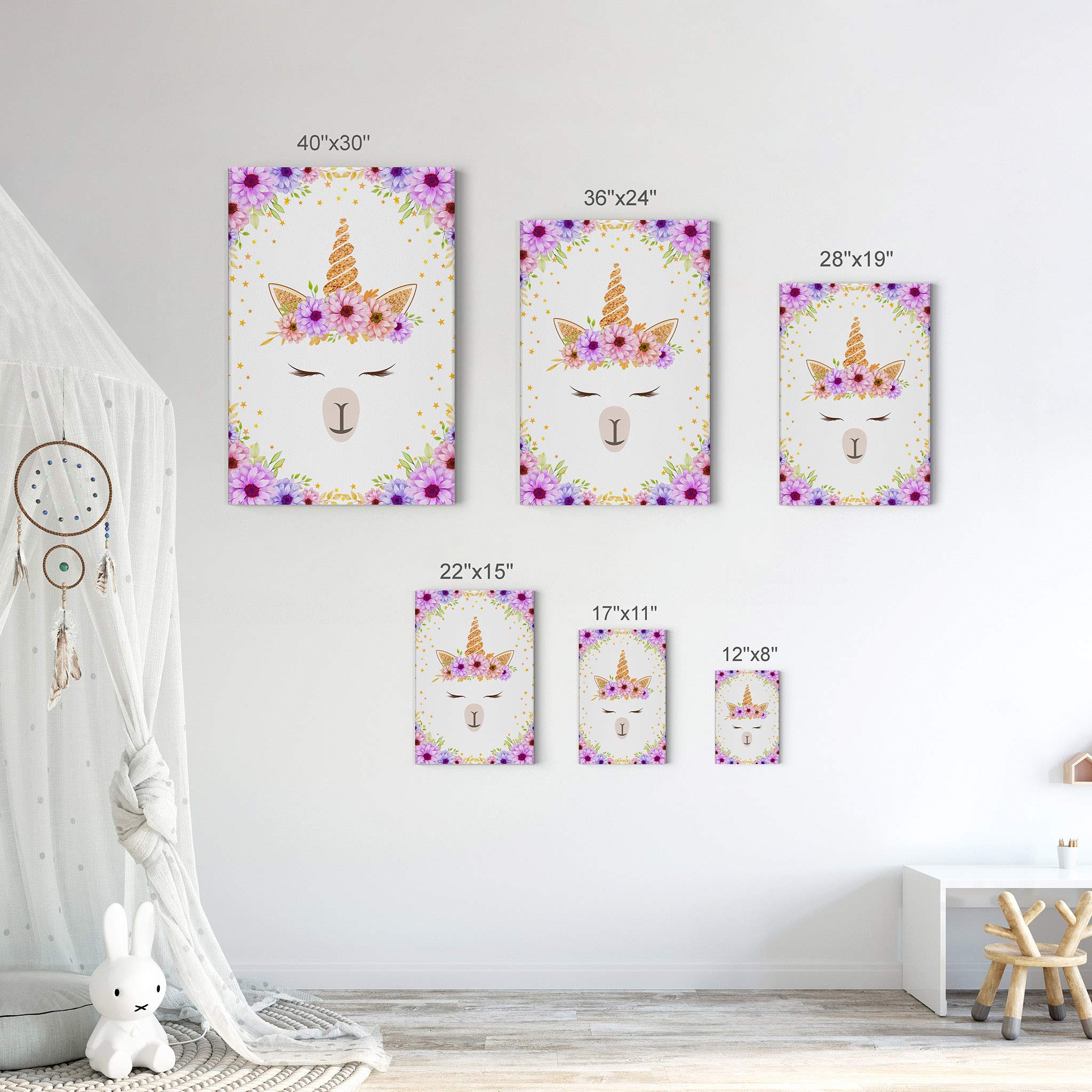 Smile Art Design Cute Unicorn Wall Art Canvas Print - Purple Floral Background Ready to Hang Nursery Decor, Kids Room Decor, Baby Gift - 40x30 Inches Made in USA | Perfect for Children's Bedroom, Playroom & Birthday Presents