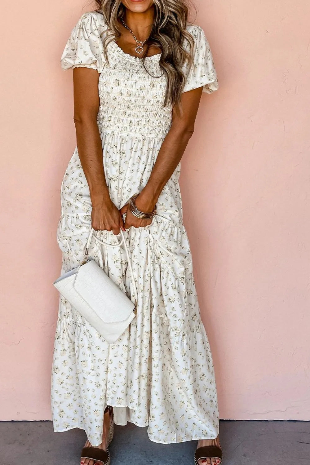 Floral Print Short Puff Sleeve Maxi Summer Dress for Women - Beach Vacation, Garden Party & Date Night Outfit