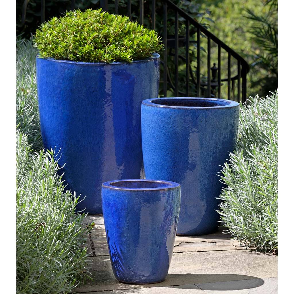Campania International Marta Planter Set of 3 - Riviera Blue Ceramic Flower Pots for Indoor & Outdoor Plants | Perfect for Home, Garden, Patio, and Office Decor