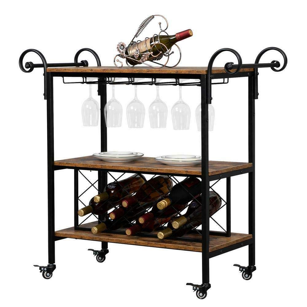 Premium 3-Tier Rolling Kitchen Cart with Wine Storage Rack - Sturdy Wood & Iron Construction, Easy Assembly - Perfect for Dining Room, Home Bar, Office & Industrial Spaces - Multi-Purpose Serving Trolley with Glass Holder & Smooth-Rolling Wheels