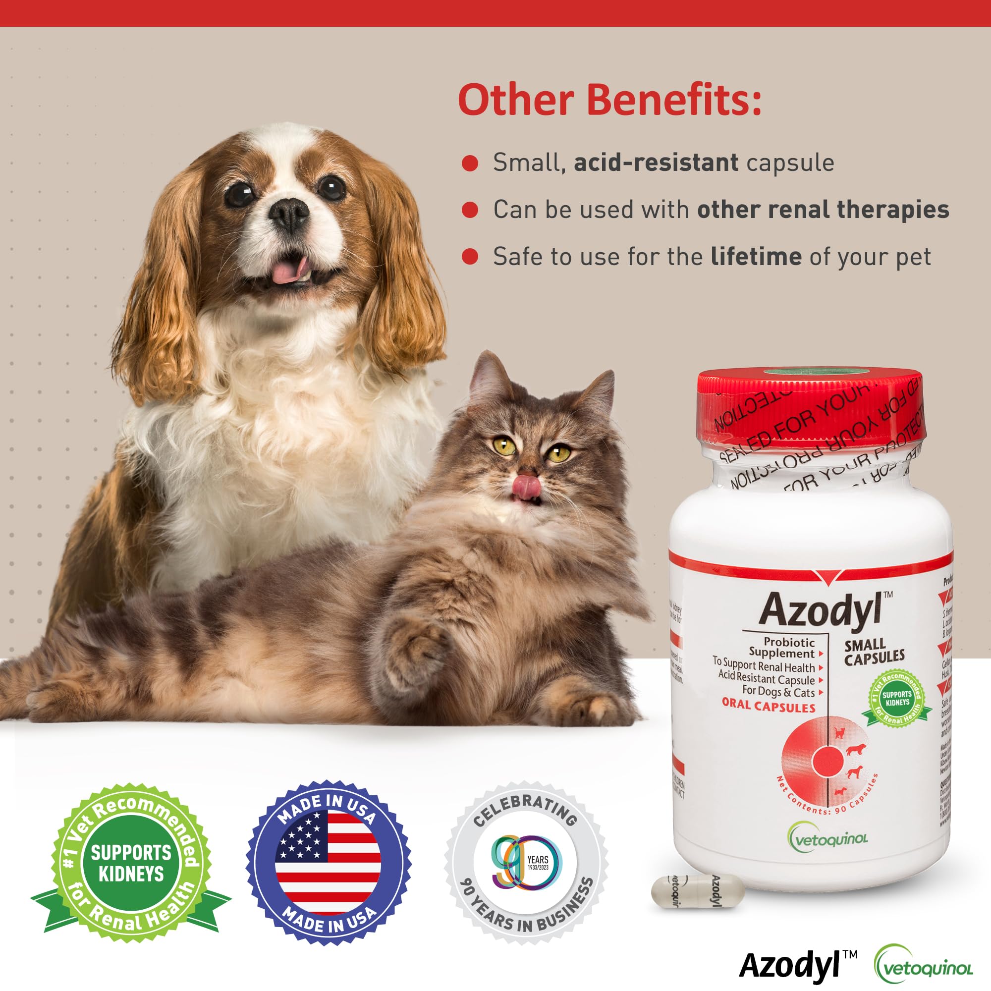Vetoquinol Azodyl Kidney Health Supplement for Dogs & Cats - 90 Count Probiotic Capsules | Supports Kidney Function & Renal Toxin Management | Easy-to-Swallow Small Caps for Pet Wellbeing | Ideal for Senior Pets & Animals with Kidney Issues