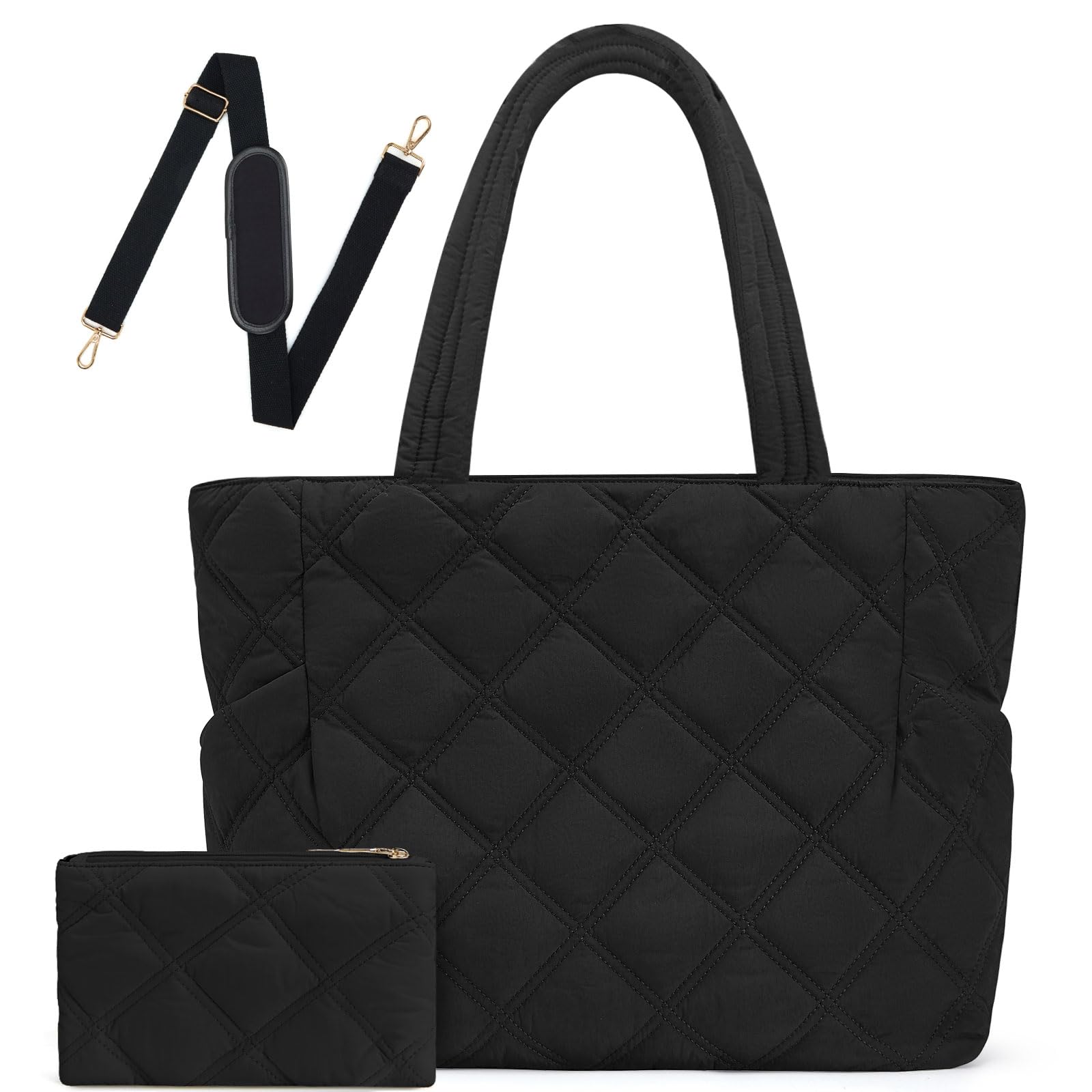 Women's Puffer Laptop Tote Bag with Zipper - Quilted Lightweight Travel Handbag for Work, Gym & Weekend - Perfect for Teachers, Nurses & Professionals (Black)