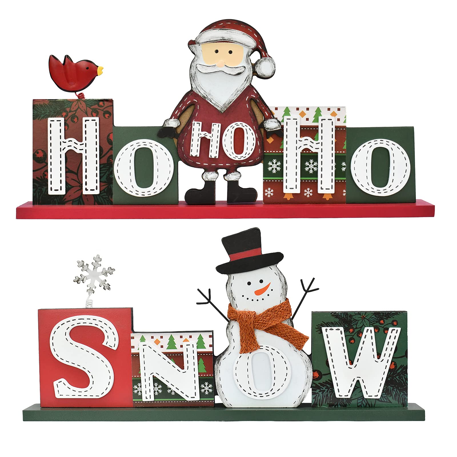 YK Decor Christmas Wood Sign - HOHOHO & SNOW Freestanding Holiday Decor with Santa & Snowman - Perfect for Fireplace Mantel, Entryway, or Christmas Table Centerpiece - Rustic Home Holiday Decoration