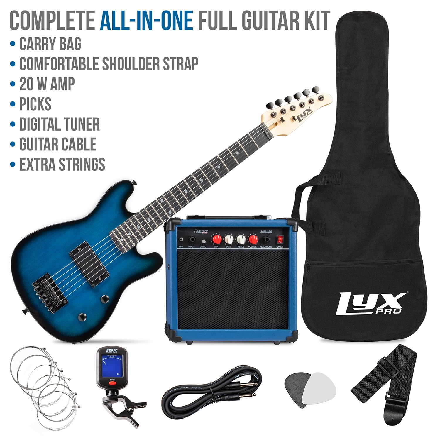 LyxPro 30 Inch 3/4 Size Electric Guitar Starter Kit for Kids & Beginners - Includes Amp, 6 Strings, 2 Picks, Shoulder Strap, Digital Tuner, Cable & Gig Bag (Blue) - Perfect for Home Practice, Music Lessons & Rock Band Performances