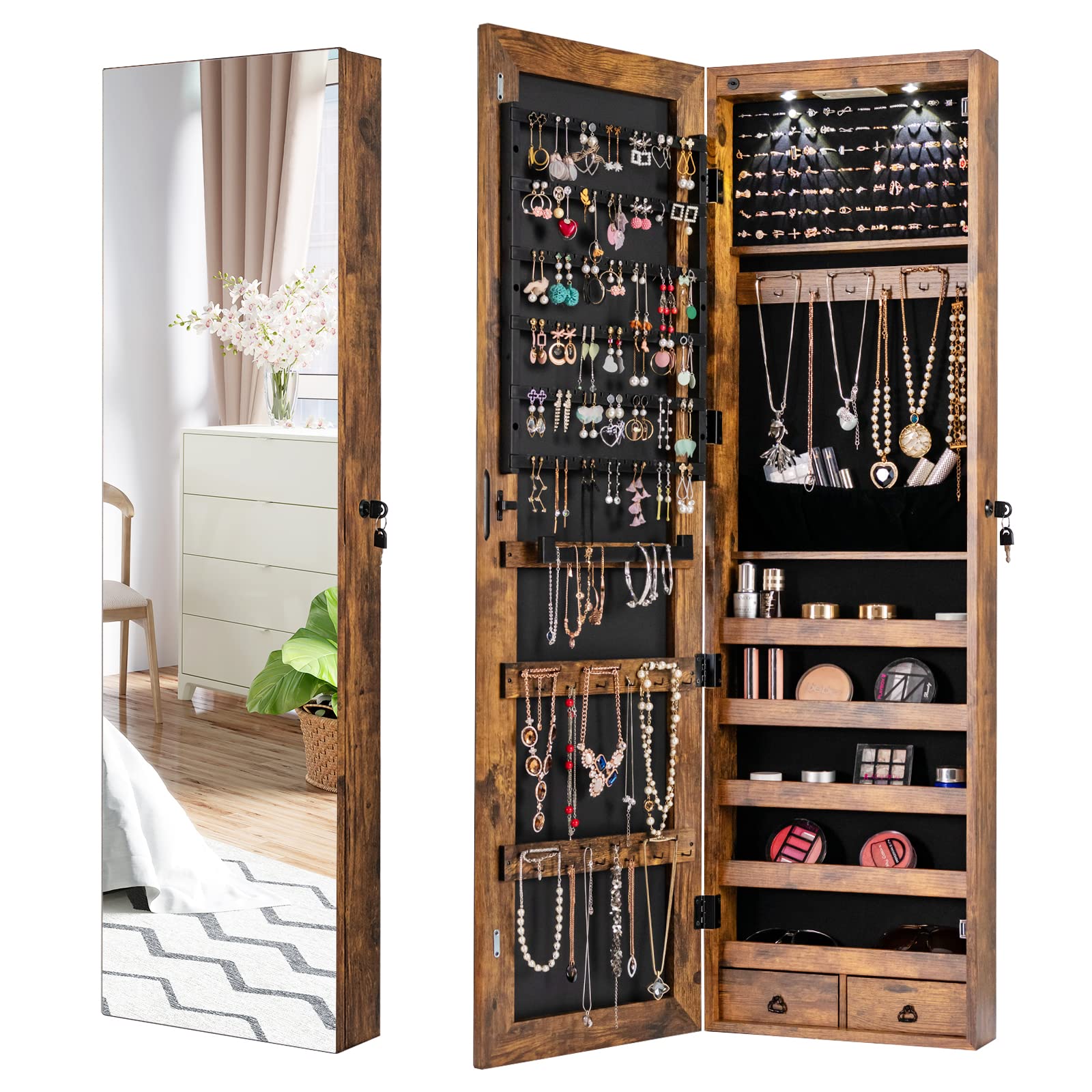 COSTWAY Hanging Jewelry Organizer with Full-Length Mirror & LED Lights - Wall Mount Jewelry Cabinet with Lock, Large Capacity Storage for Necklaces, Rings, Earrings - Perfect for Bedroom, Closet or Dressing Room (Rustic Brown)
