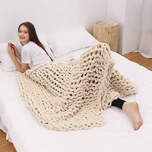 Handmade Chunky Knit Blanket - Soft Chenille Braided Throw for Bed, Sofa & Chair - Cozy Home Decor & Breathable Bedding - White 60x60cm (24x24in) - Perfect for Living Room, Bedroom & Winter Snuggling