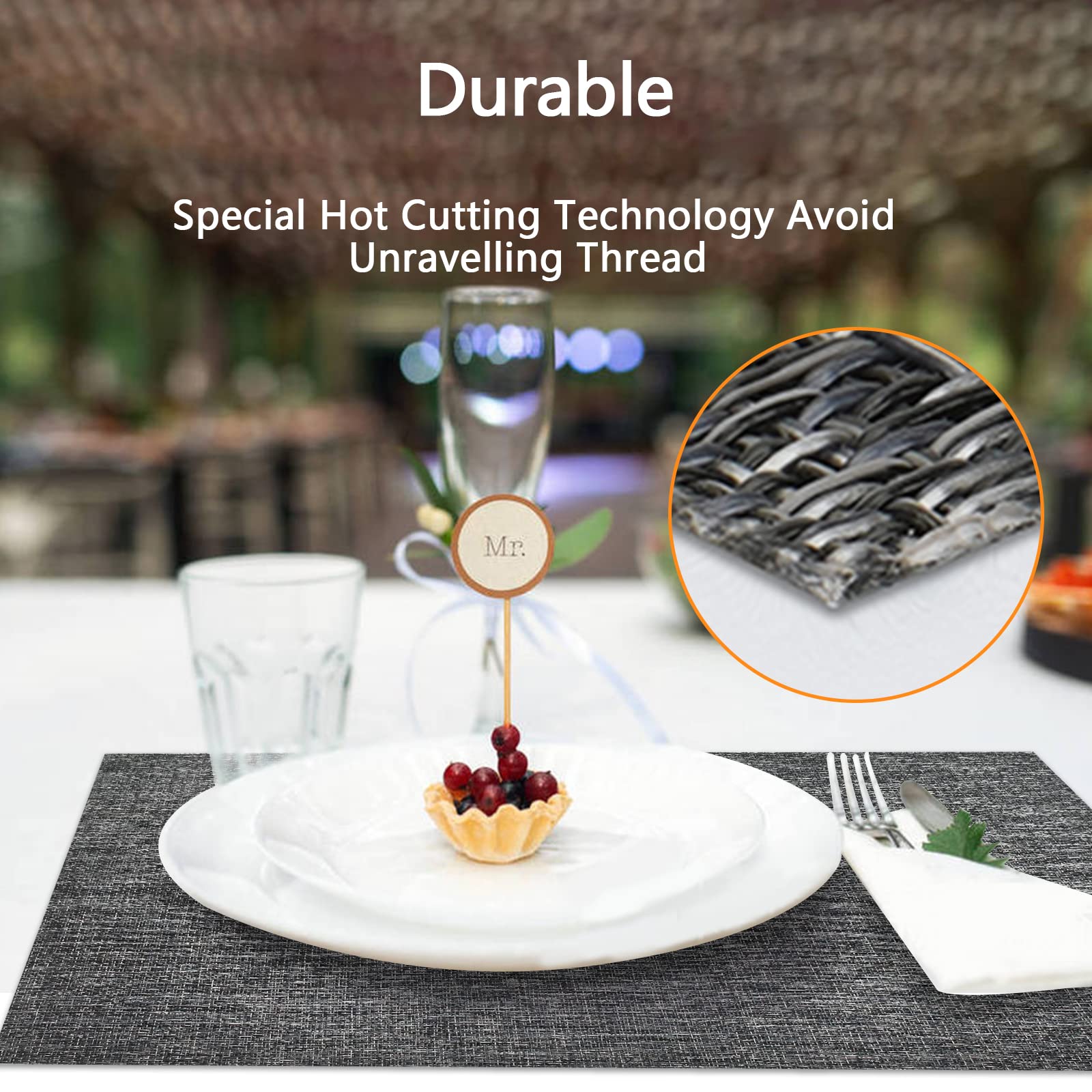 4-Pack Woven Vinyl Placemats for Dining Table - Waterproof & Washable Indoor/Outdoor Placemat Set (Dark Grey) - Perfect for Patio, Kitchen, and Restaurant Use
